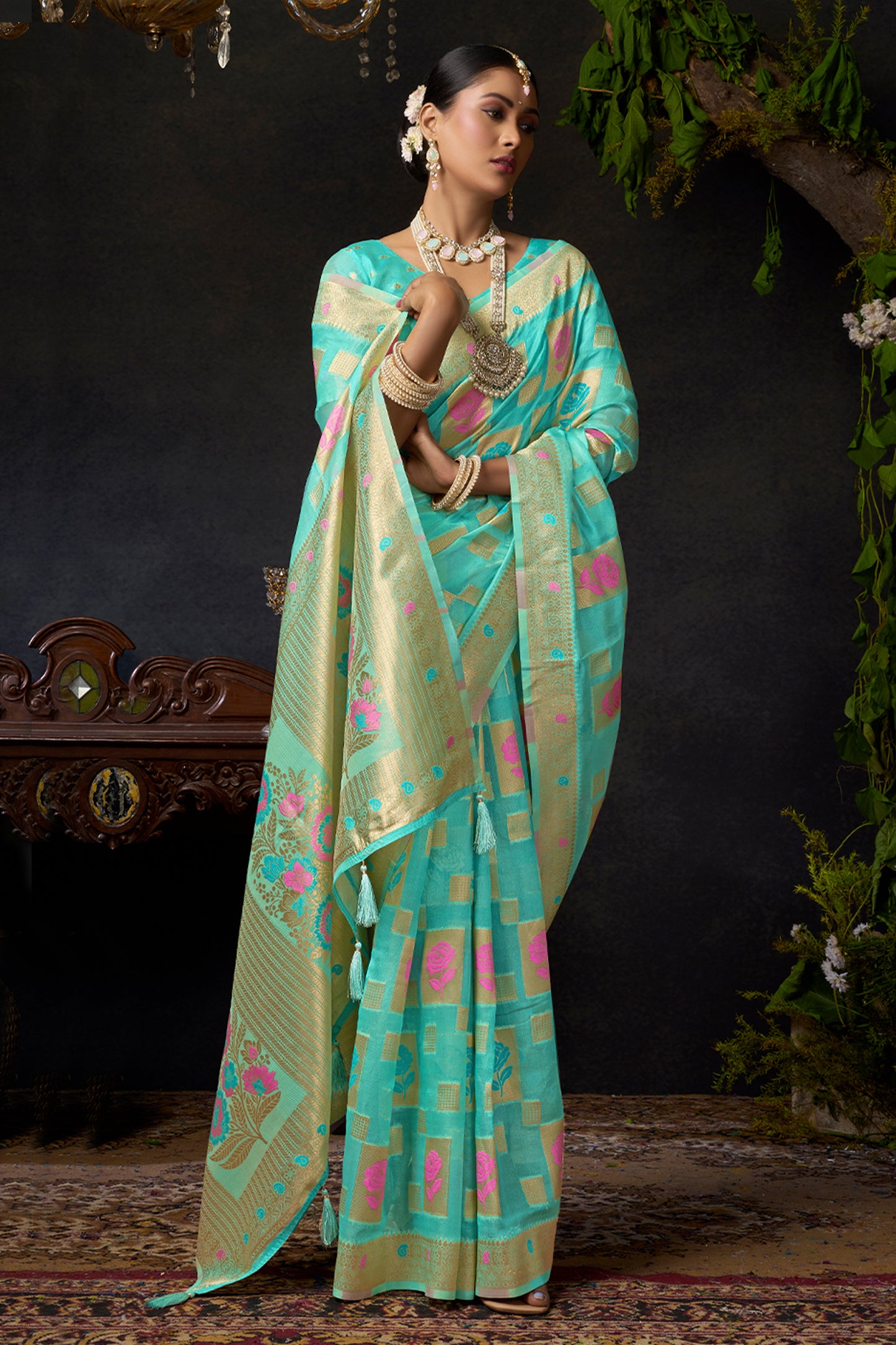 Aqua Blue Woven Organza Saree-SAR12615_3_SareeButa.com