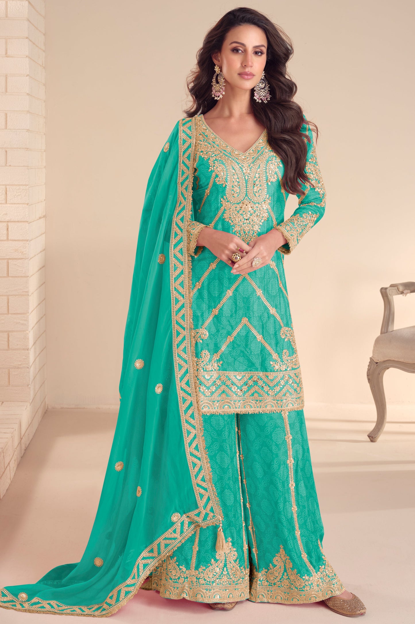 Aqua Green Digital Print Chinon Suit with Embroidery-SS664_1_SareeButa.com