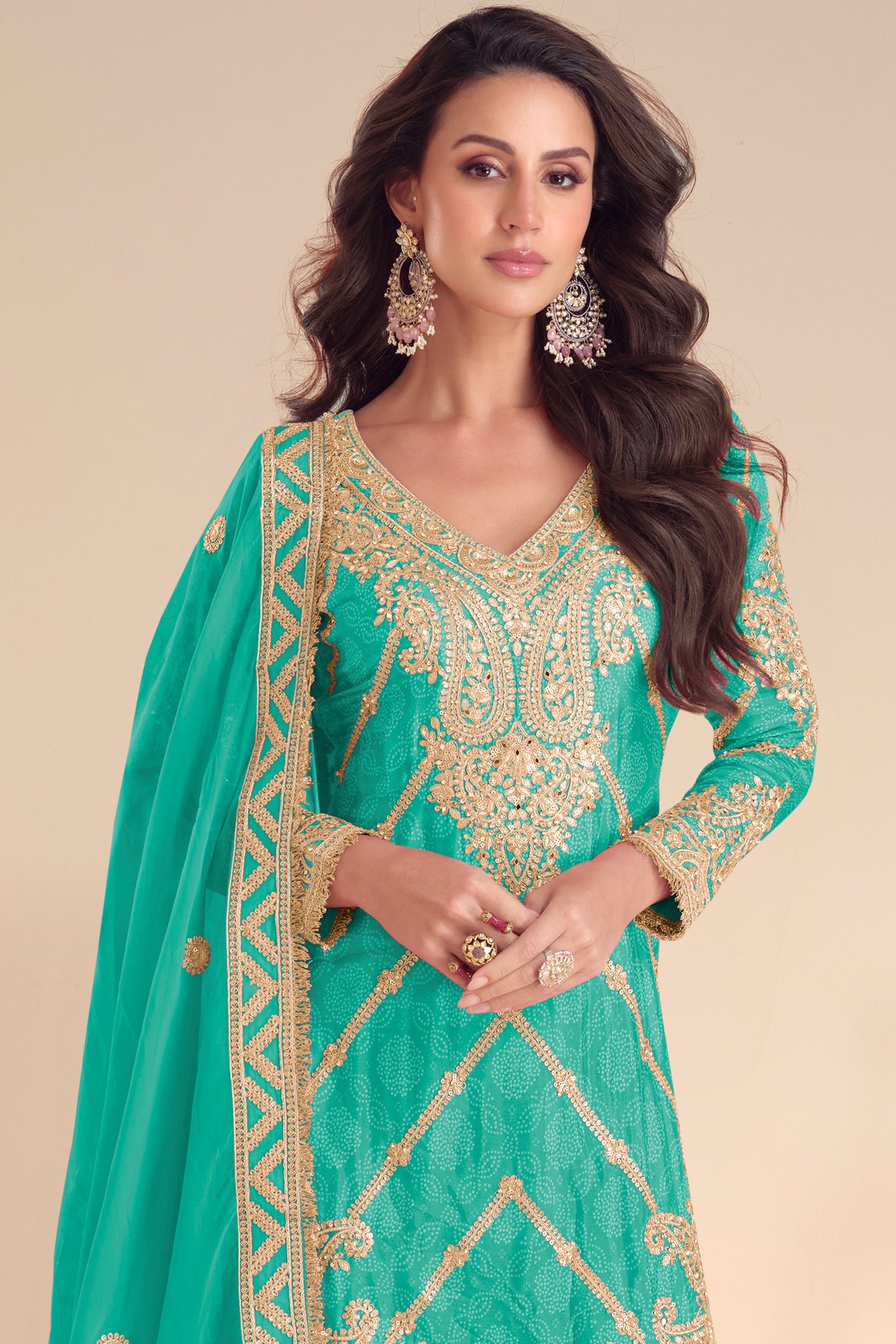 Aqua Green Digital Print Chinon Suit with Embroidery-SS664_2_SareeButa.com