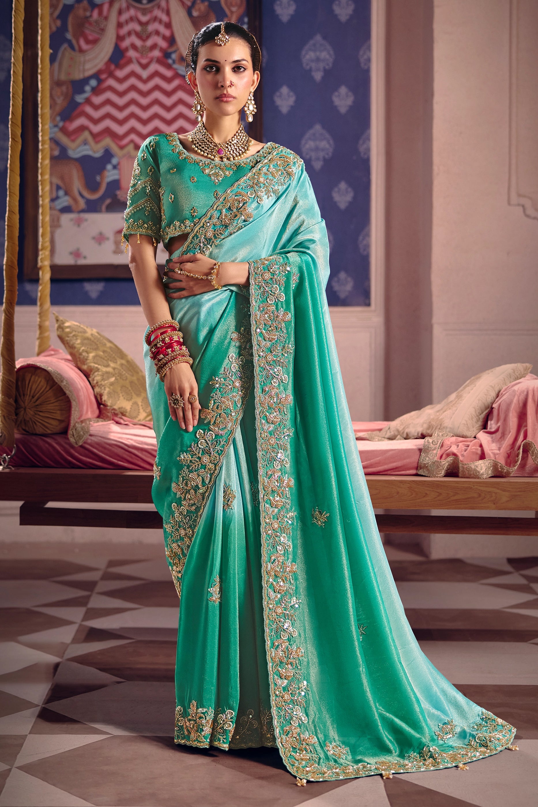 Aqua Green Embroidered Viscose Zari Tissue Saree-SAR12591_1_SareeButa.com