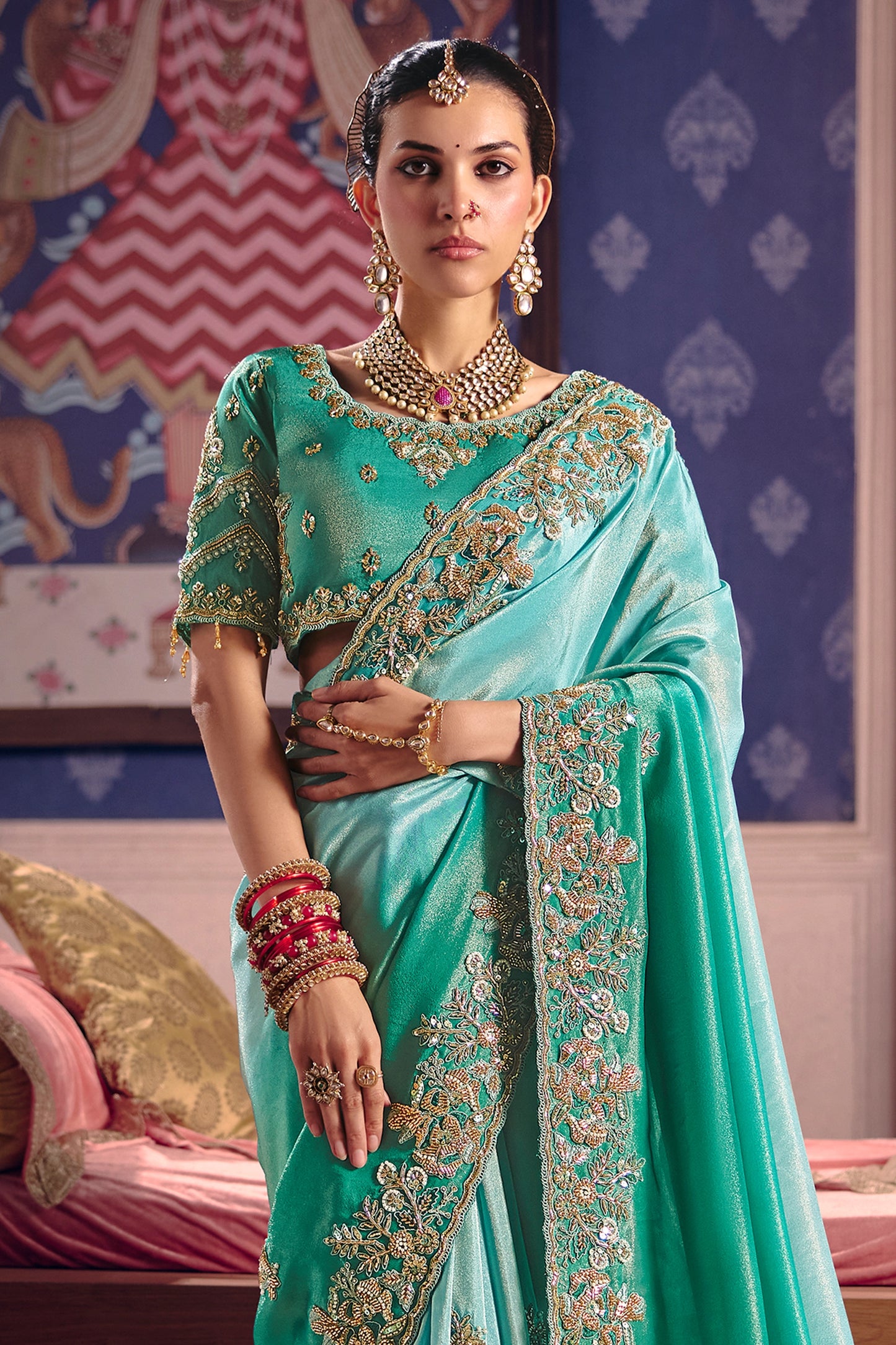 Aqua Green Embroidered Viscose Zari Tissue Saree-SAR12591_3_SareeButa.com