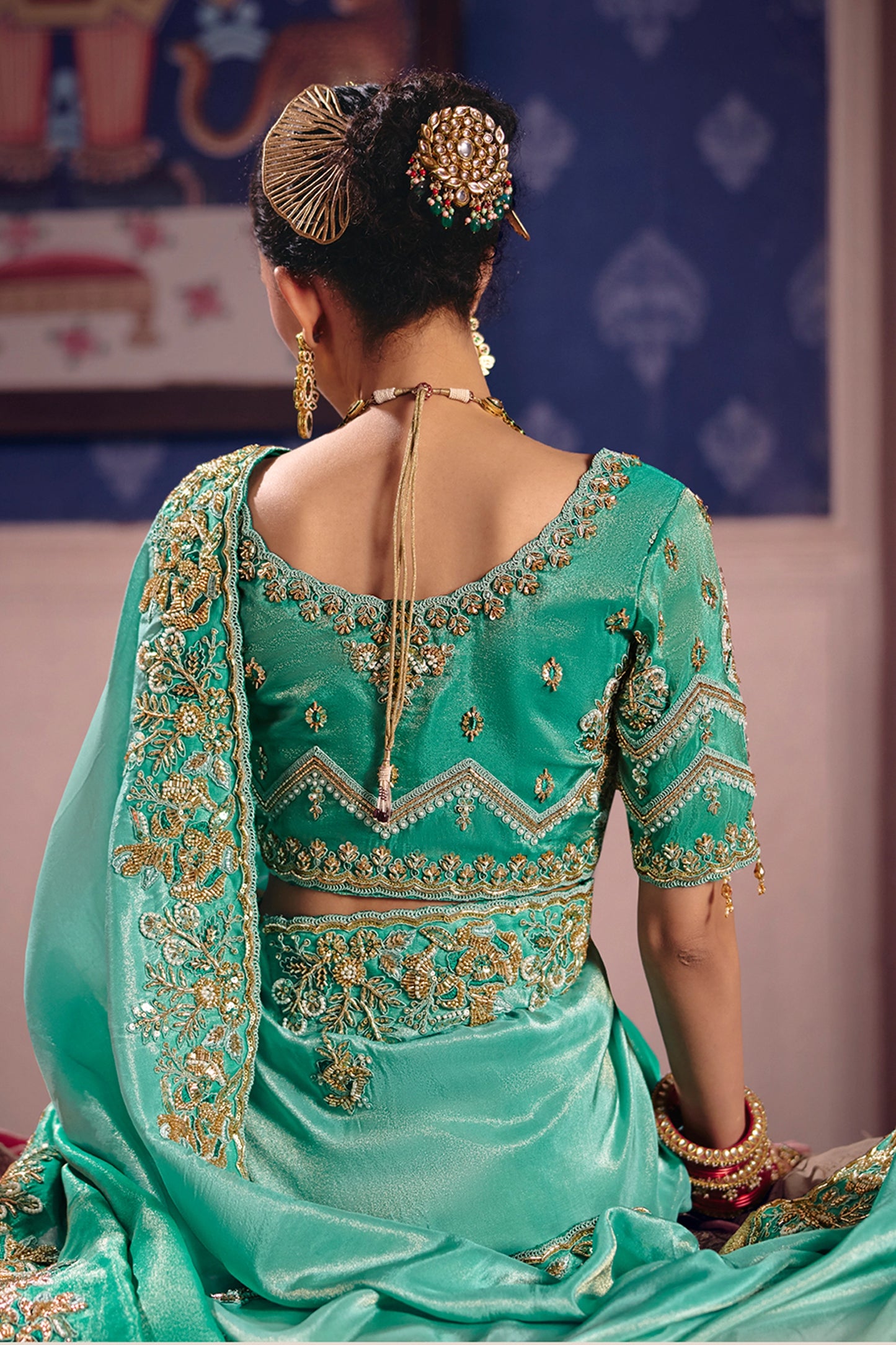 Aqua Green Embroidered Viscose Zari Tissue Saree-SAR12591_4_SareeButa.com