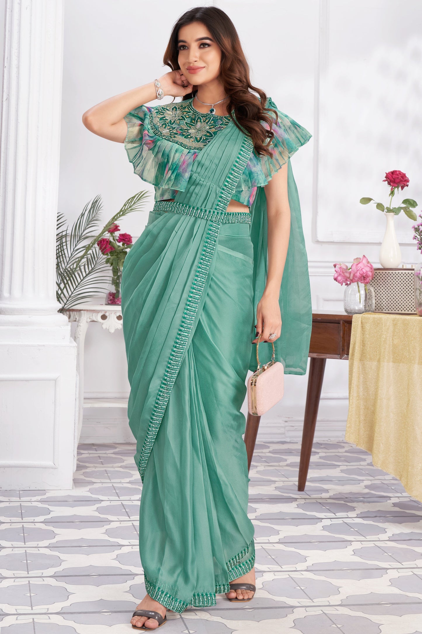Aqua Green Georgette Readymade Saree With Stitched Blouse-ZB133688_1_SareeButa.com