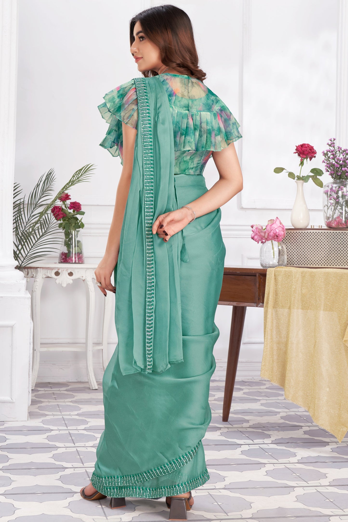 Aqua Green Georgette Readymade Saree With Stitched Blouse-ZB133688_3_SareeButa.com