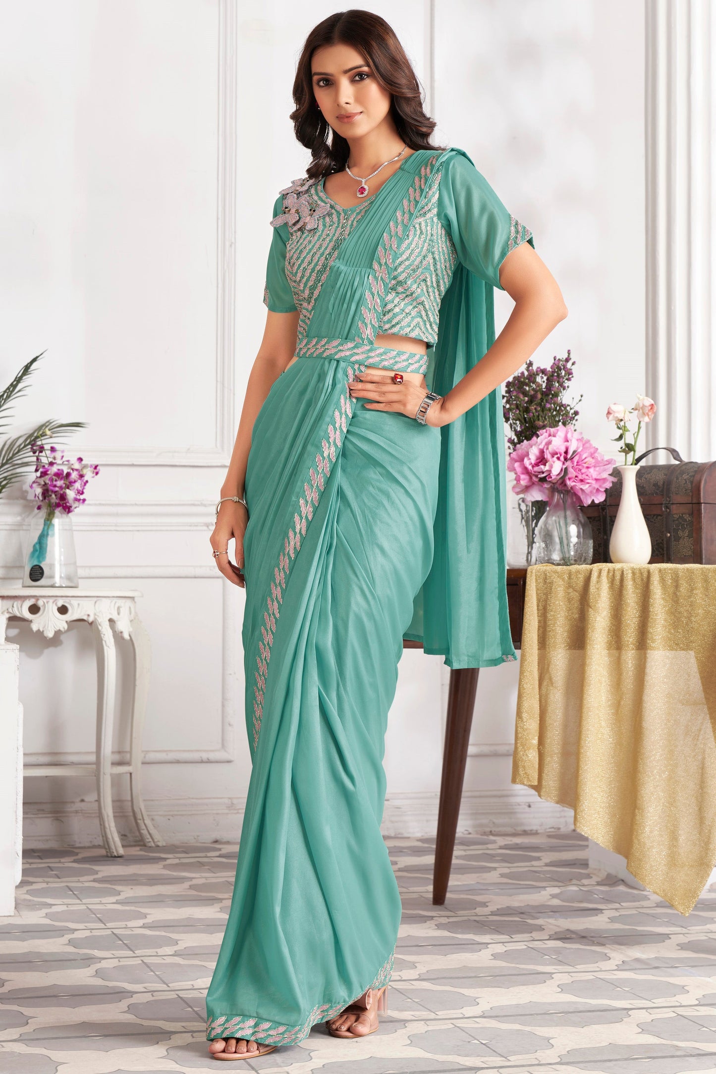 Aqua Green Georgette Readymade Saree With Stitched Blouse-ZB133706_1_SareeButa.com