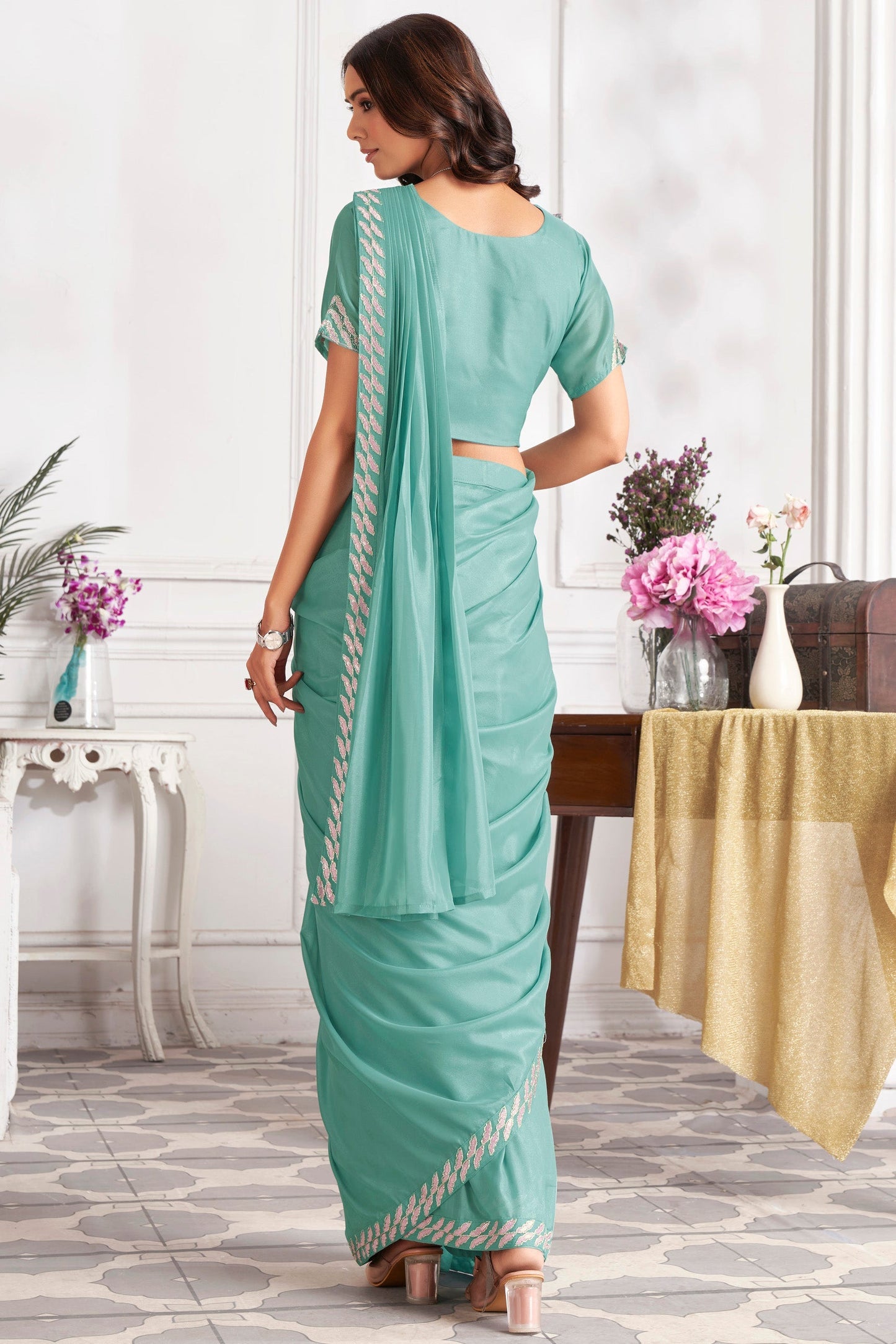 Aqua Green Georgette Readymade Saree With Stitched Blouse-ZB133706_3_SareeButa.com