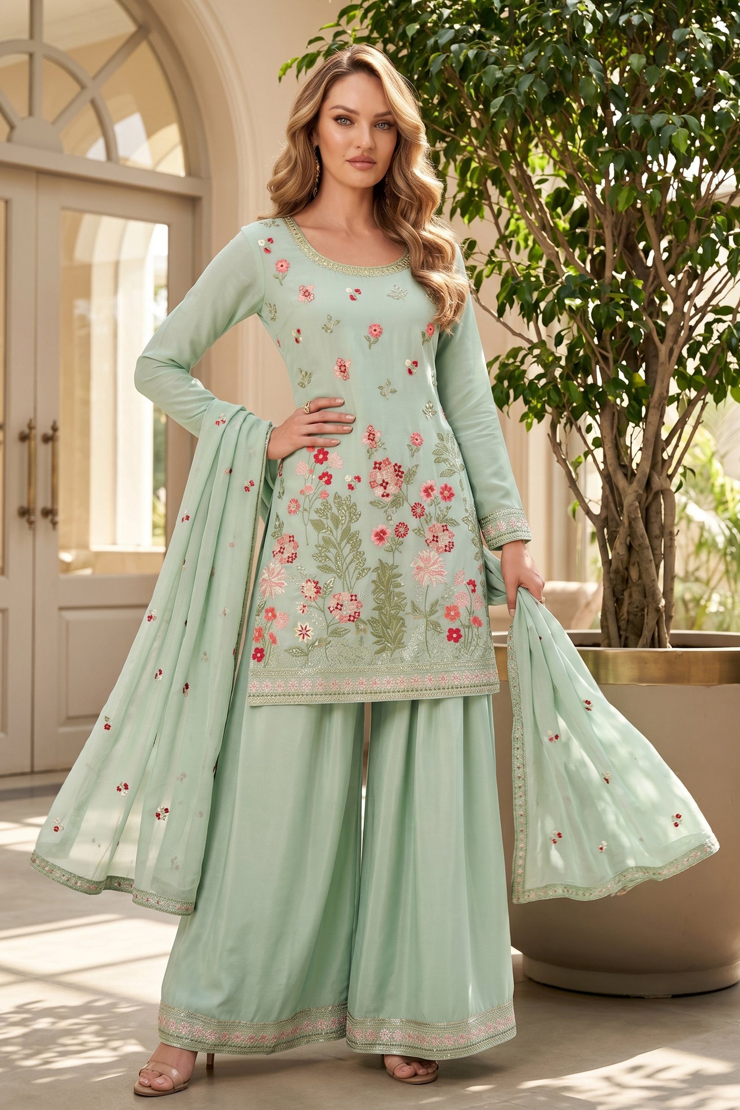 Aqua Green Readymade Embroidered Chinon Suit-SAR12803_1_SareeButa.com