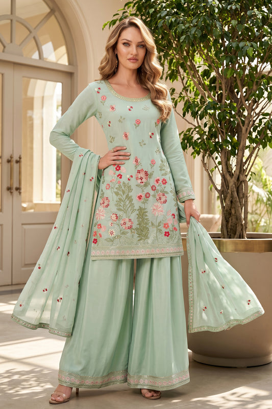 Aqua Green Readymade Embroidered Chinon Suit-SAR12803_1_SareeButa.com