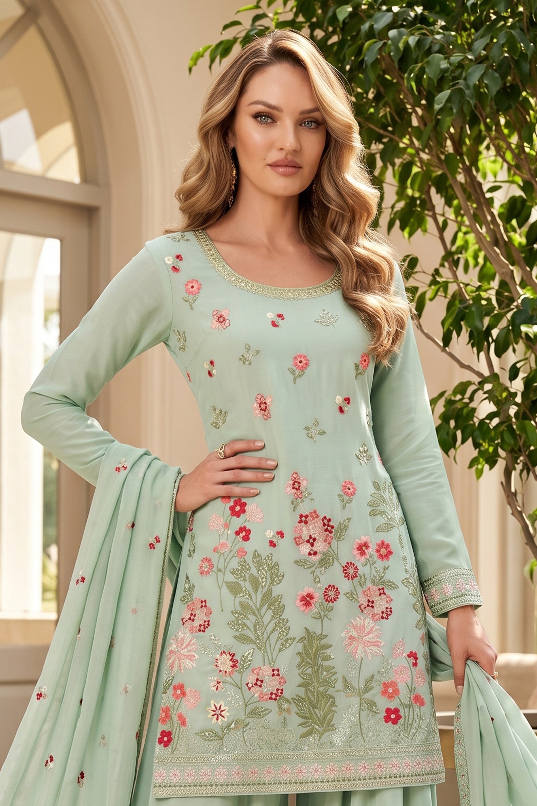 Aqua Green Readymade Embroidered Chinon Suit-SAR12803_3_SareeButa.com