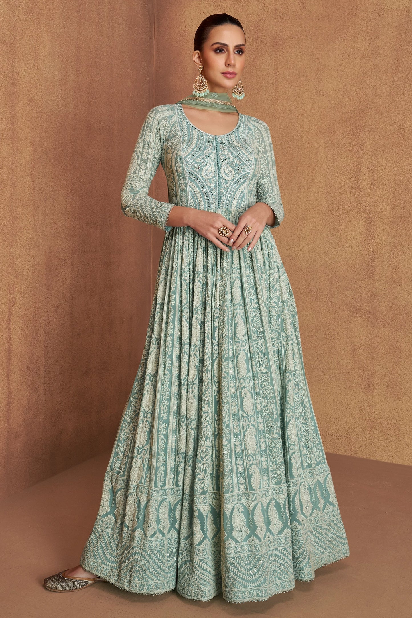 Aqua Green Readymade Georgette Gown With Dupatta-SAR11092_1_SareeButa.com