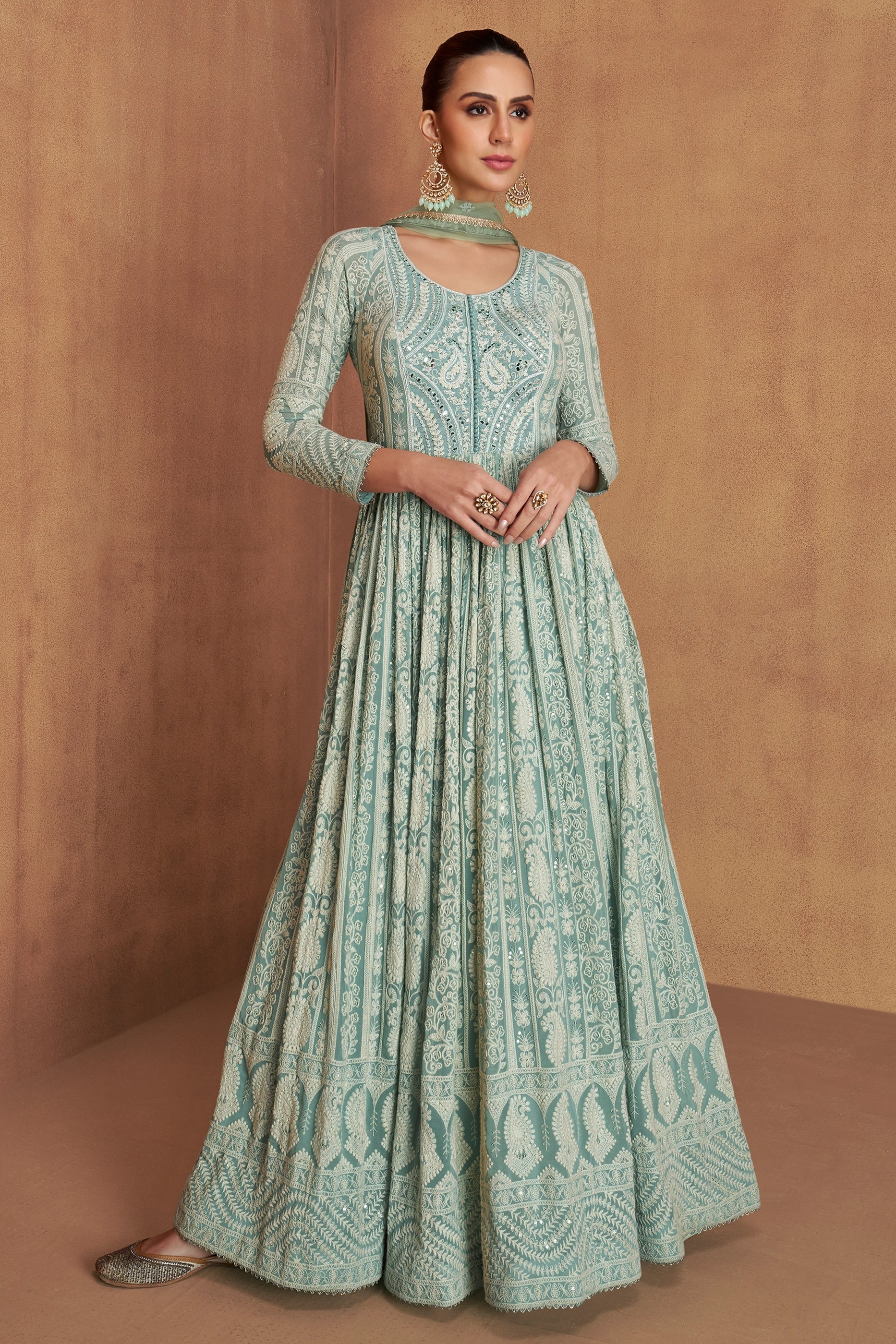 Aqua Green Readymade Georgette Gown With Dupatta-SAR11092_1_SareeButa.com