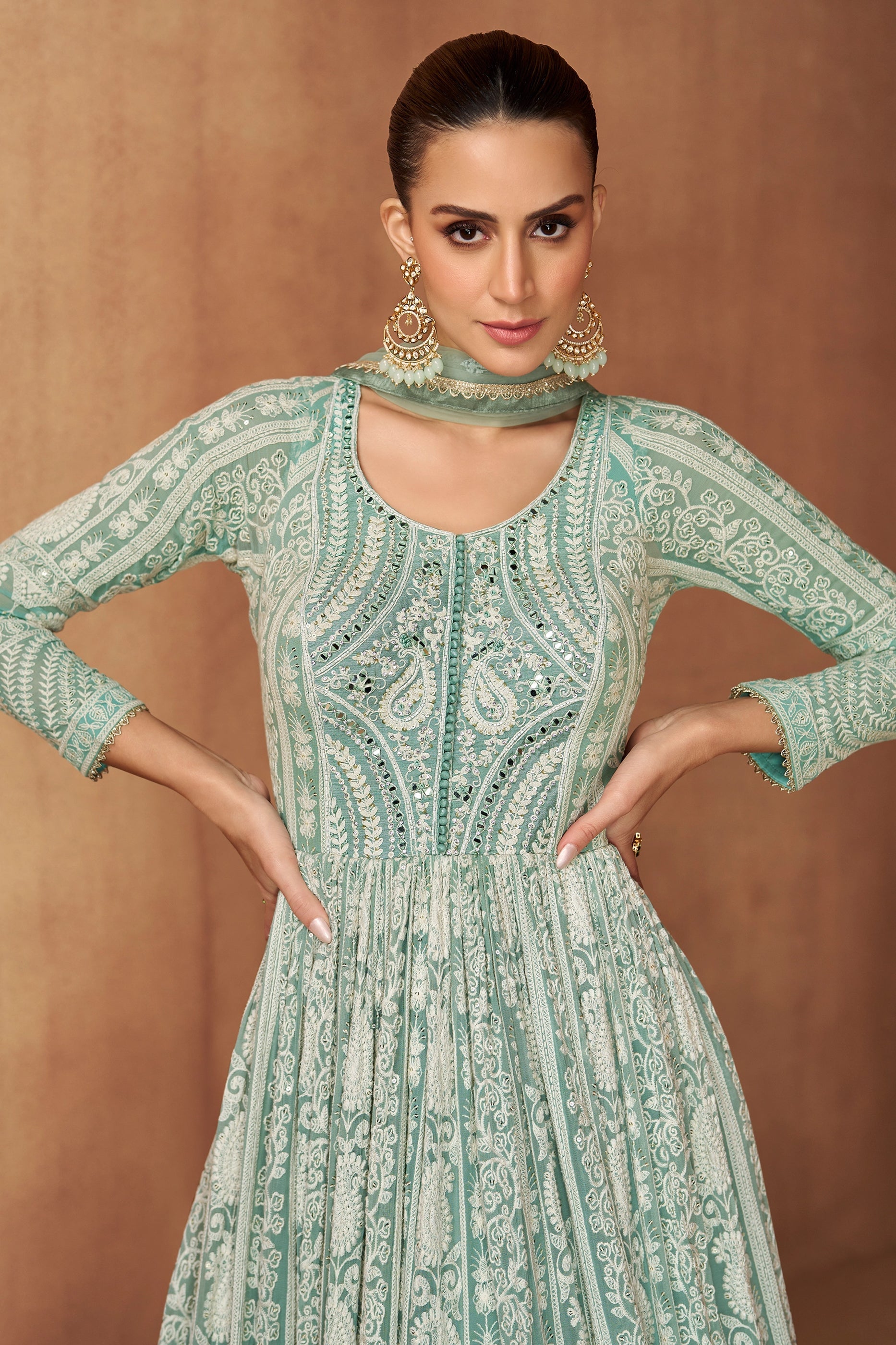 Aqua Green Readymade Georgette Gown With Dupatta-SAR11092_2_SareeButa.com