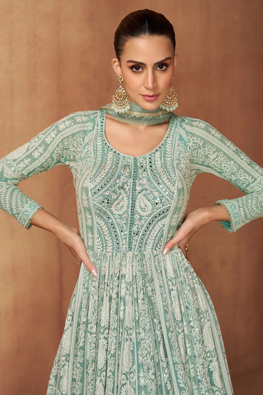 Aqua Green Readymade Georgette Gown With Dupatta-SAR11092_2_SareeButa.com