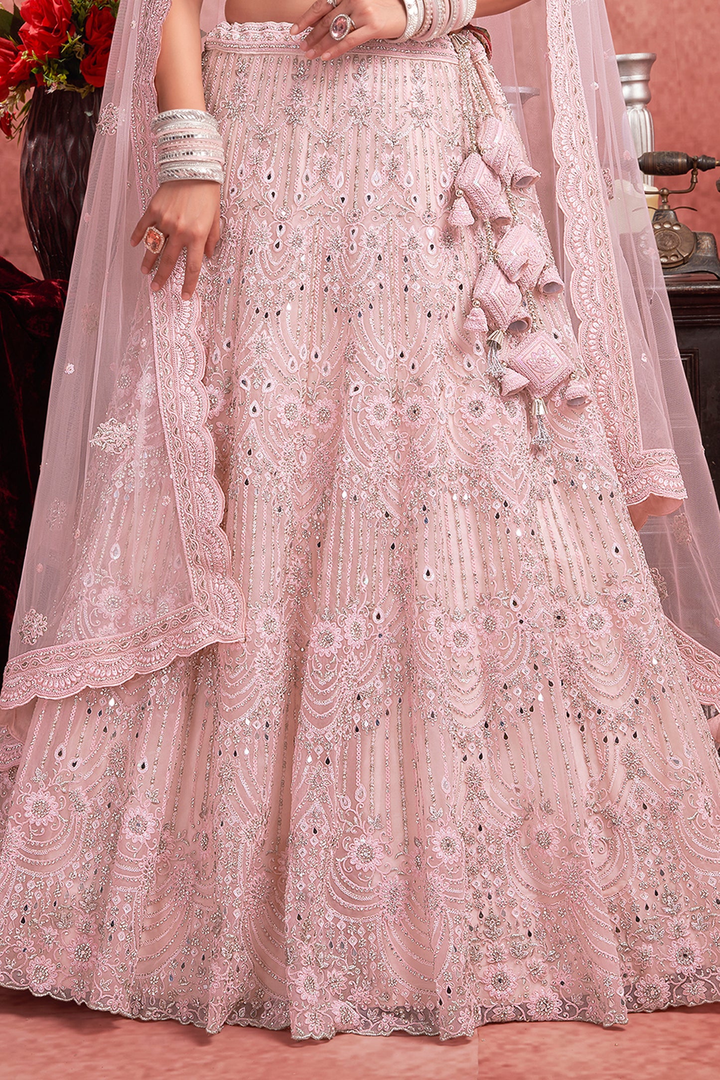 Baby Pink Readymade Embroidered Net Lehenga