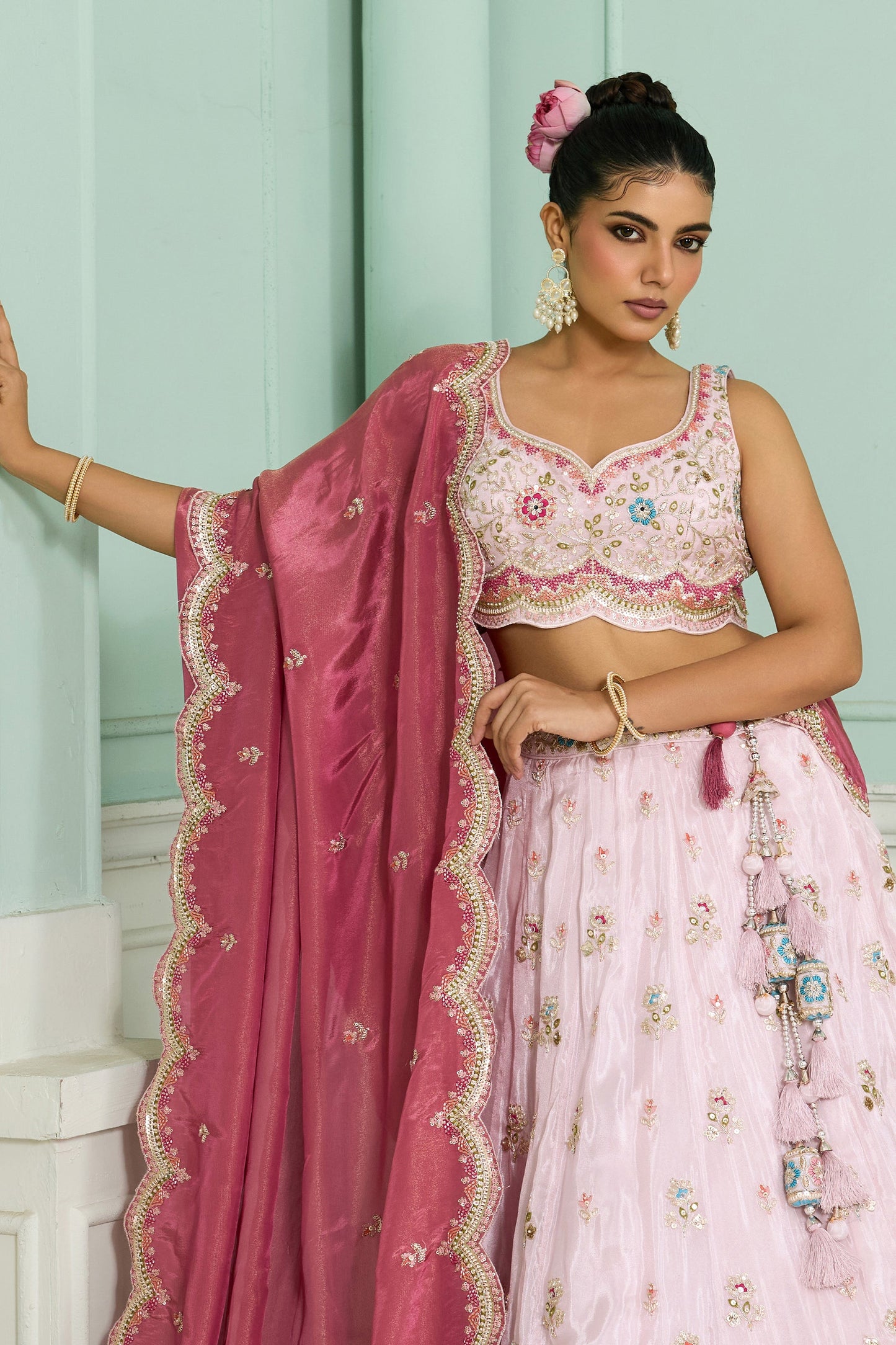 Baby Pink Semi-Stitched Embroidered Tissue Lehenga-SAR10686_2_SareeButa.com