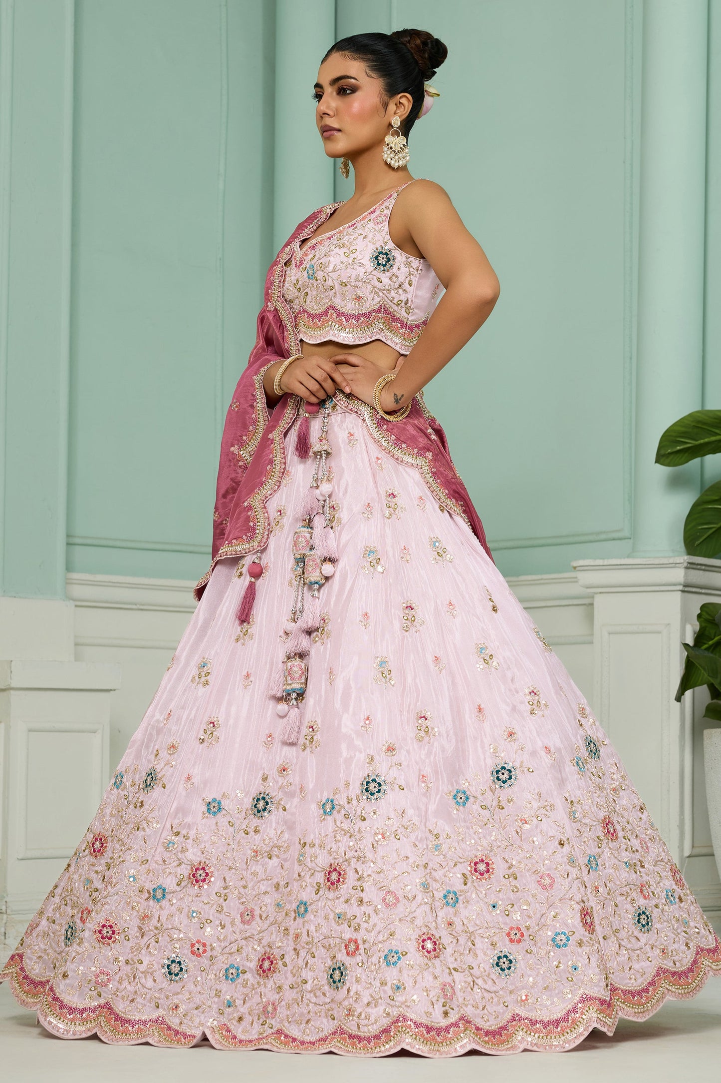 Baby Pink Semi-Stitched Embroidered Tissue Lehenga-SAR10686_4_SareeButa.com