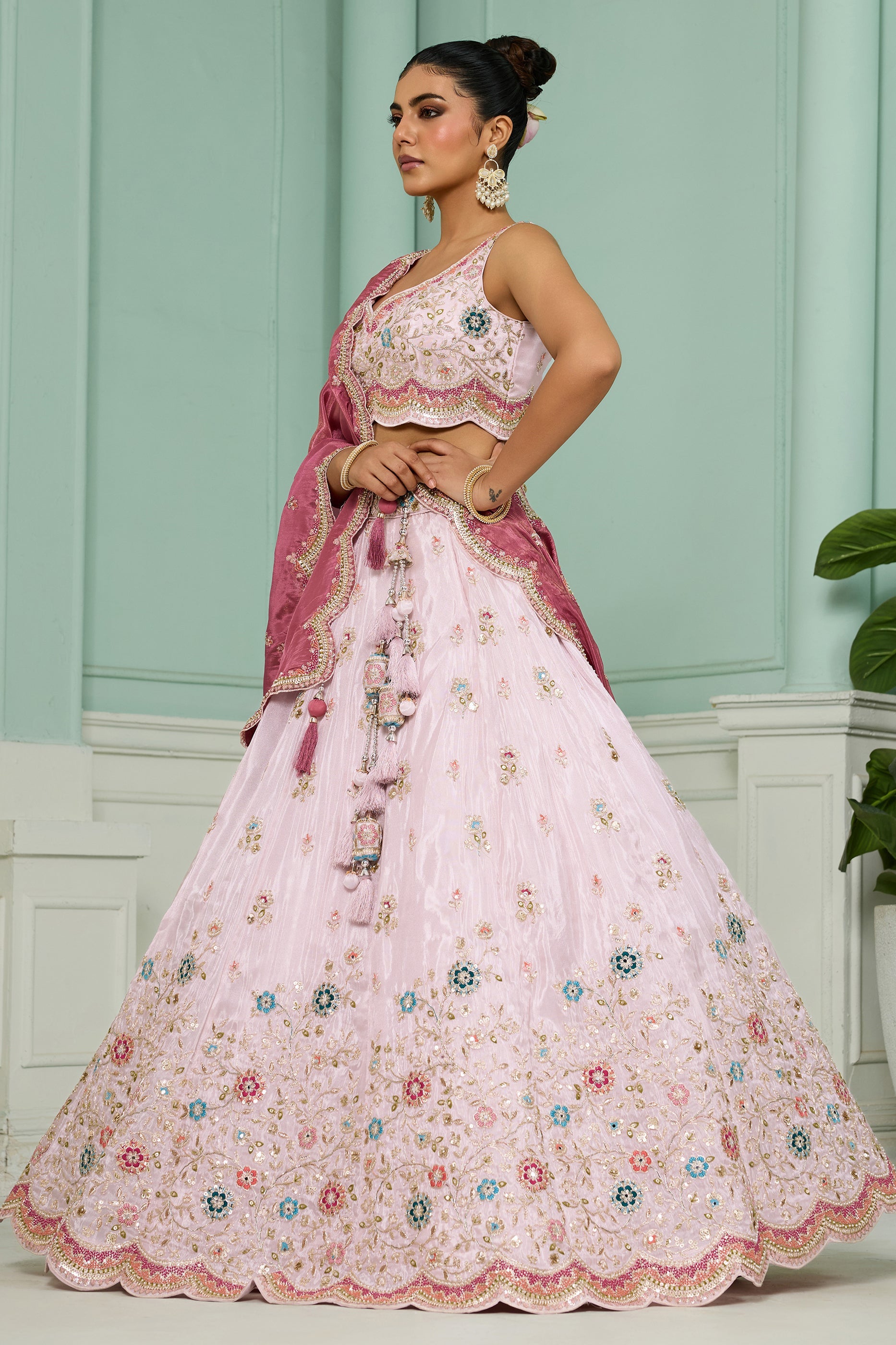 Baby Pink Semi-Stitched Embroidered Tissue Lehenga-SAR10686_4_SareeButa.com