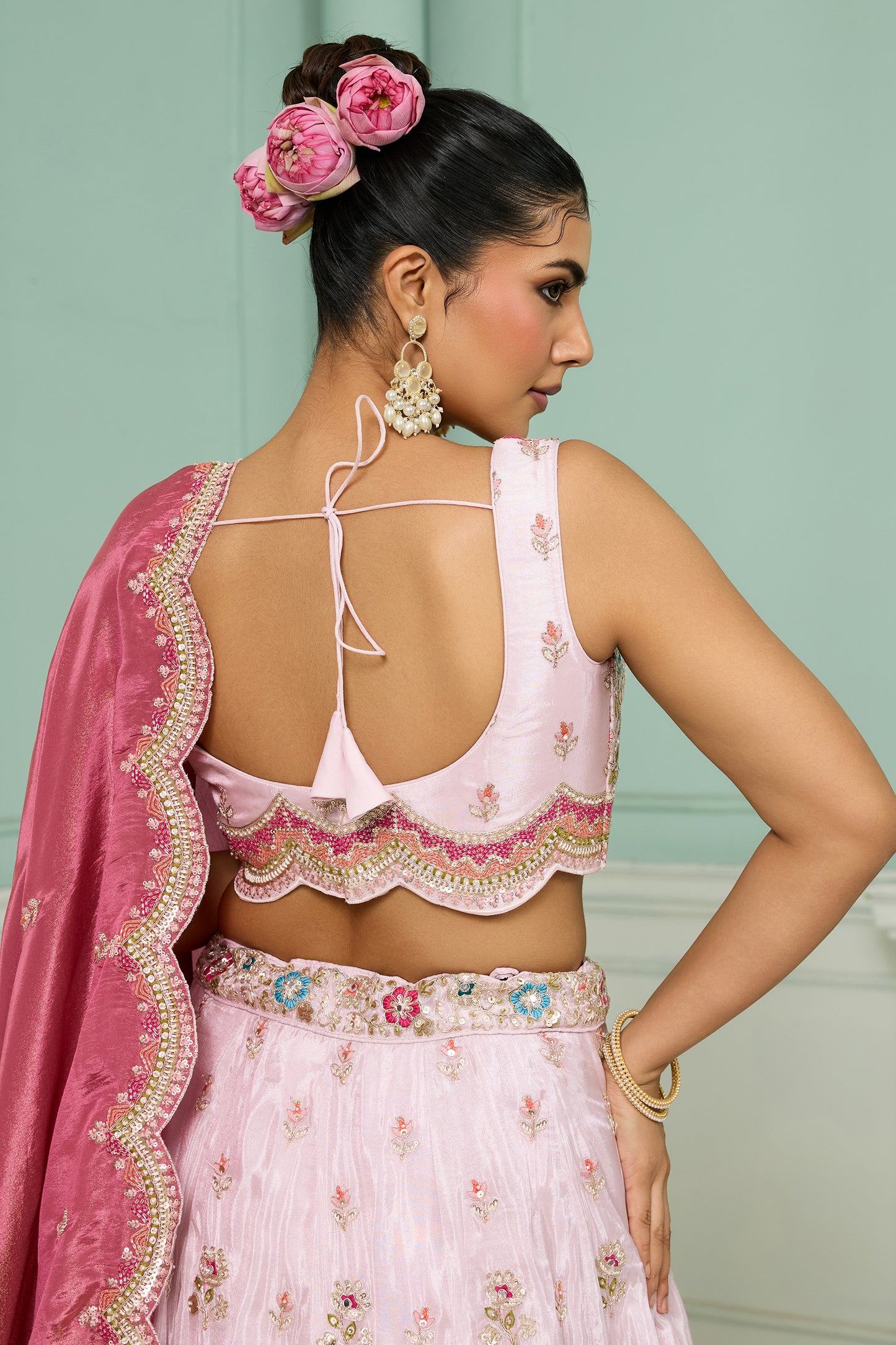Baby Pink Semi-Stitched Embroidered Tissue Lehenga