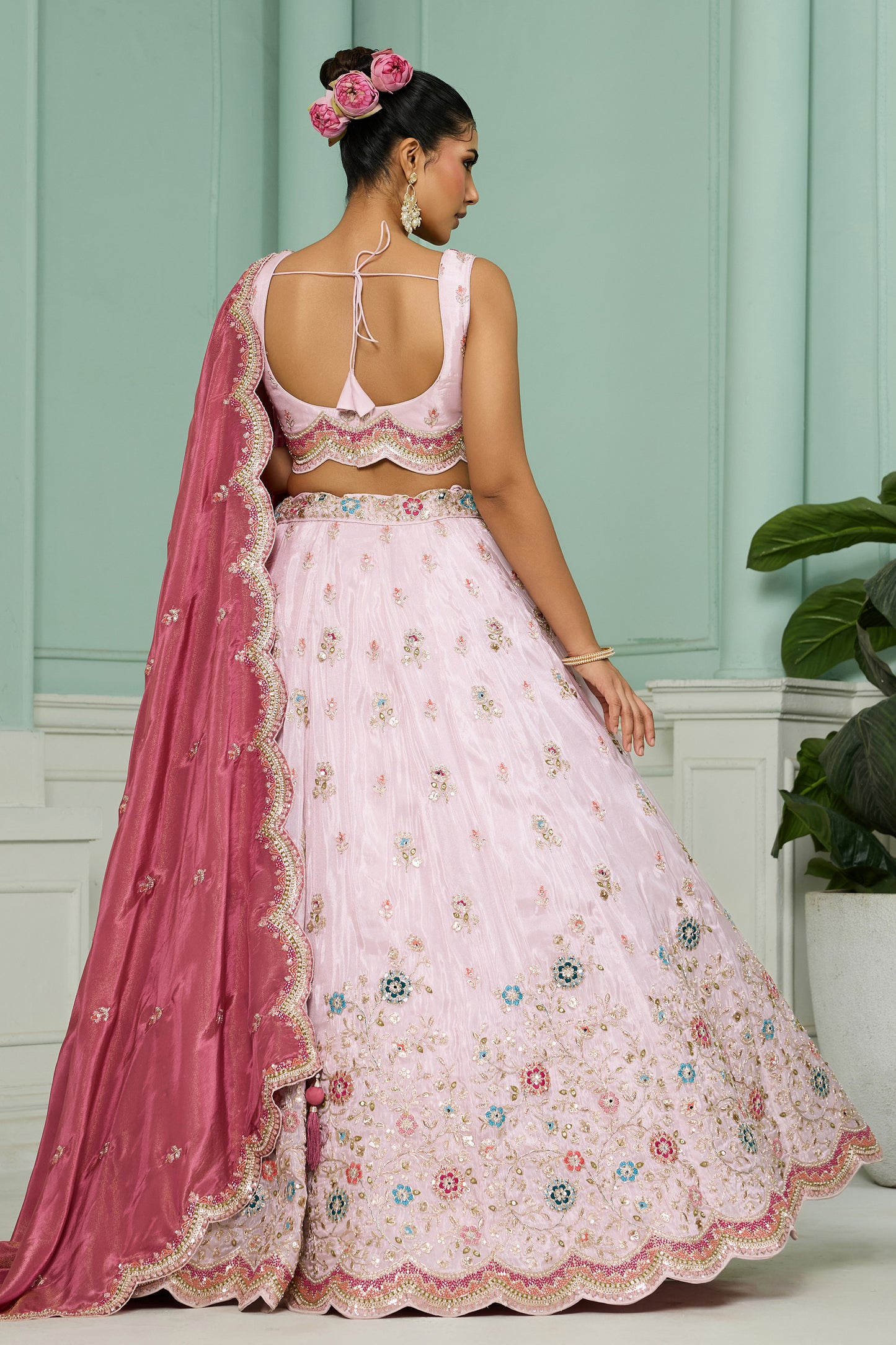 Baby Pink Semi-Stitched Embroidered Tissue Lehenga