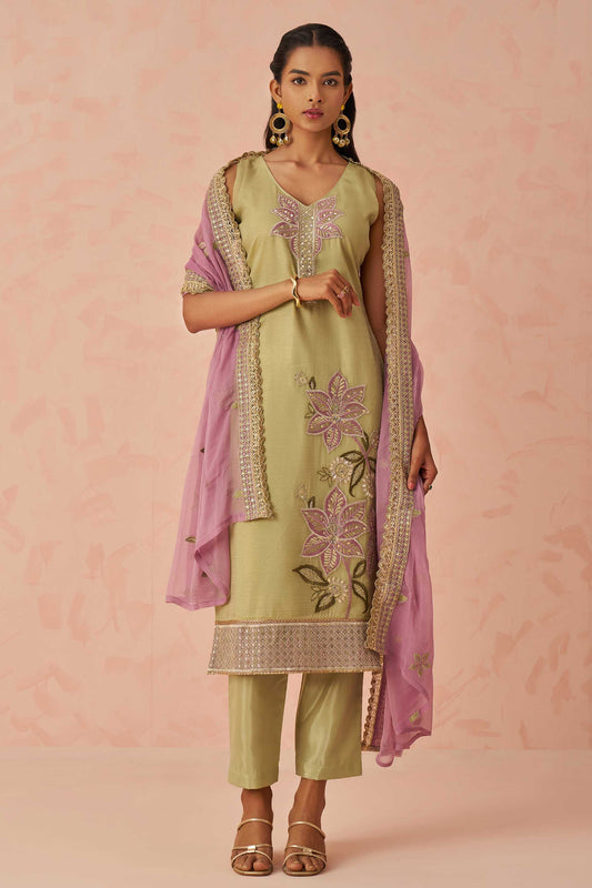 Beige Readymade Embroidered Crush Silk Suit-SS450_1_SareeButa.com