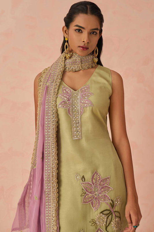 Beige Readymade Embroidered Crush Silk Suit-SS450_2_SareeButa.com