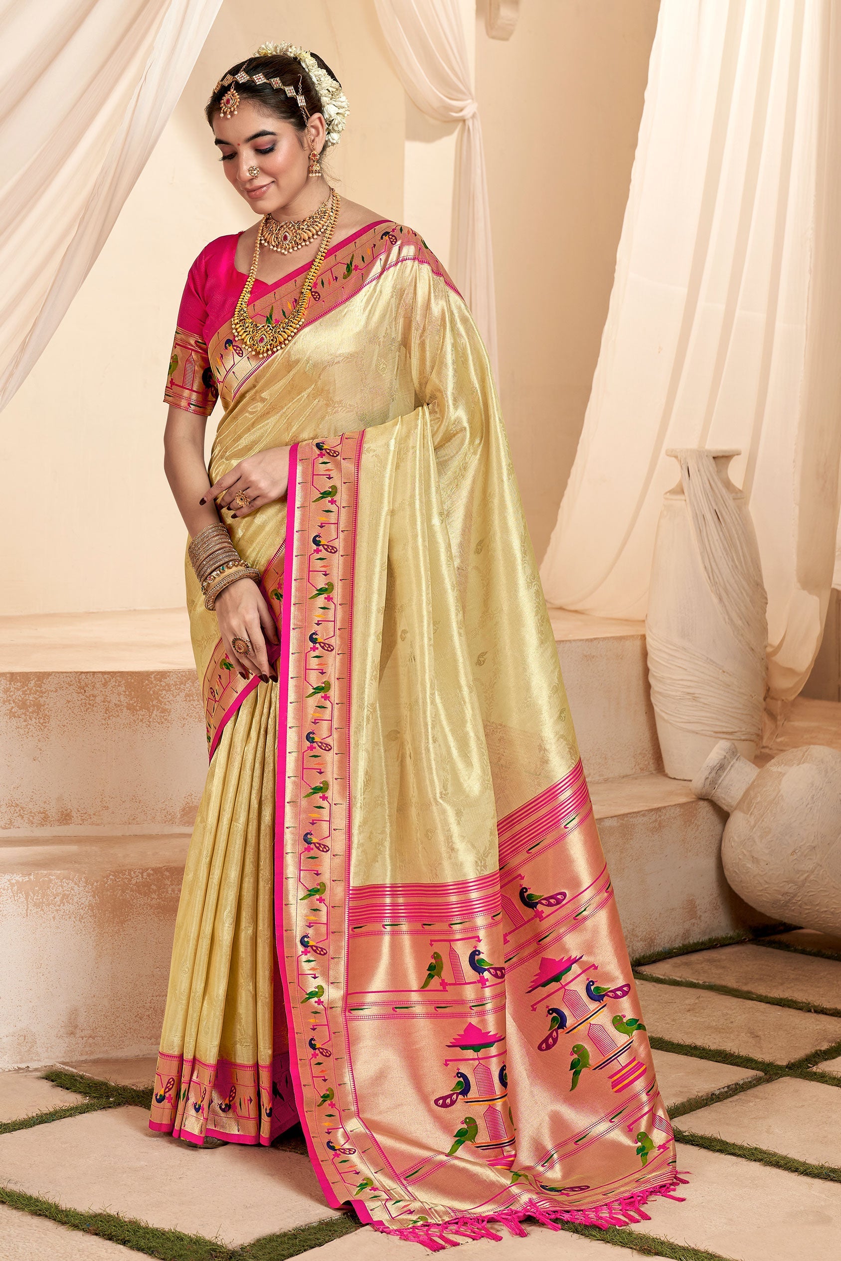 Beige Paithani Tissue Silk Saree-ZB130695_1