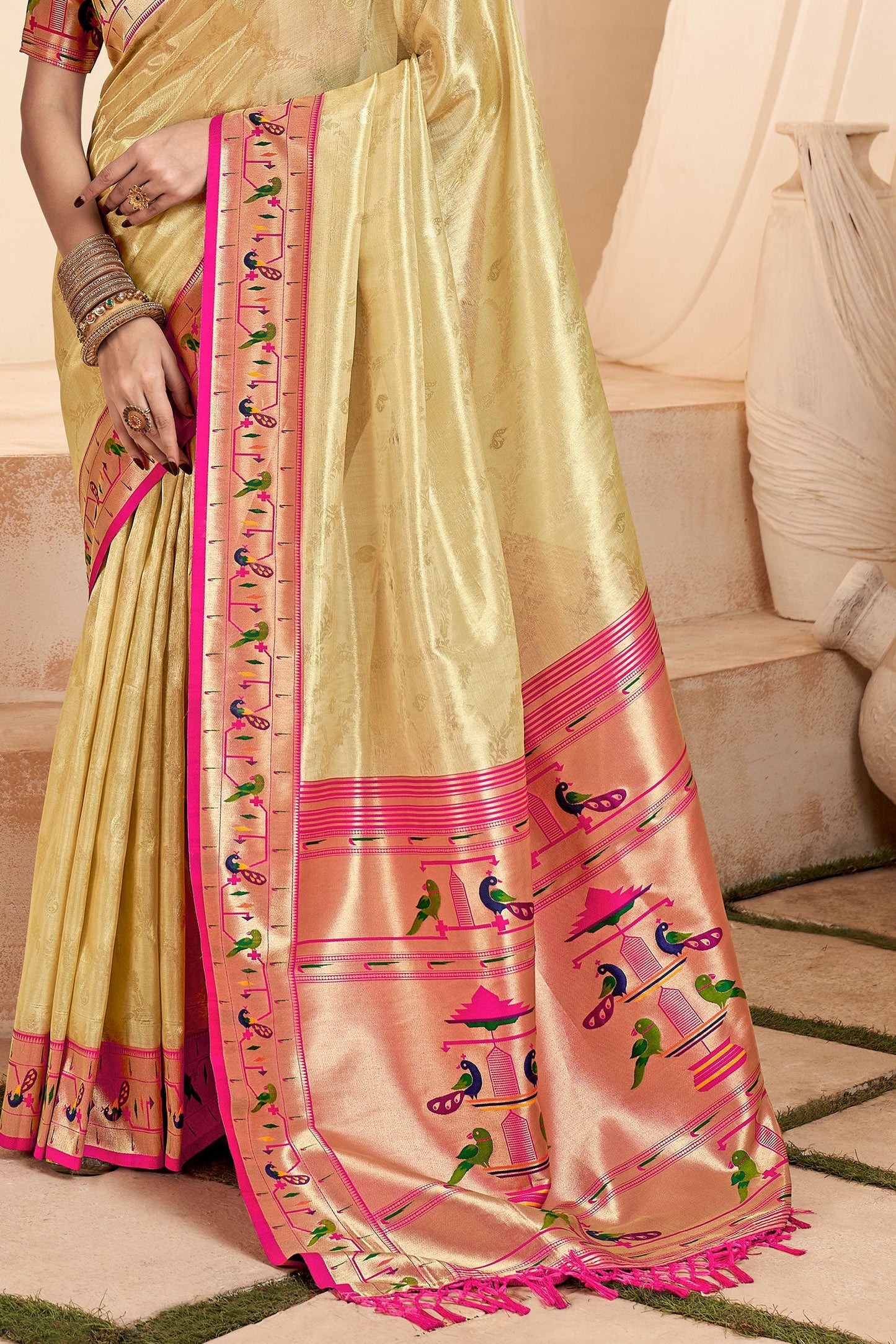 Beige Paithani Tissue Silk Saree-ZB130695_3