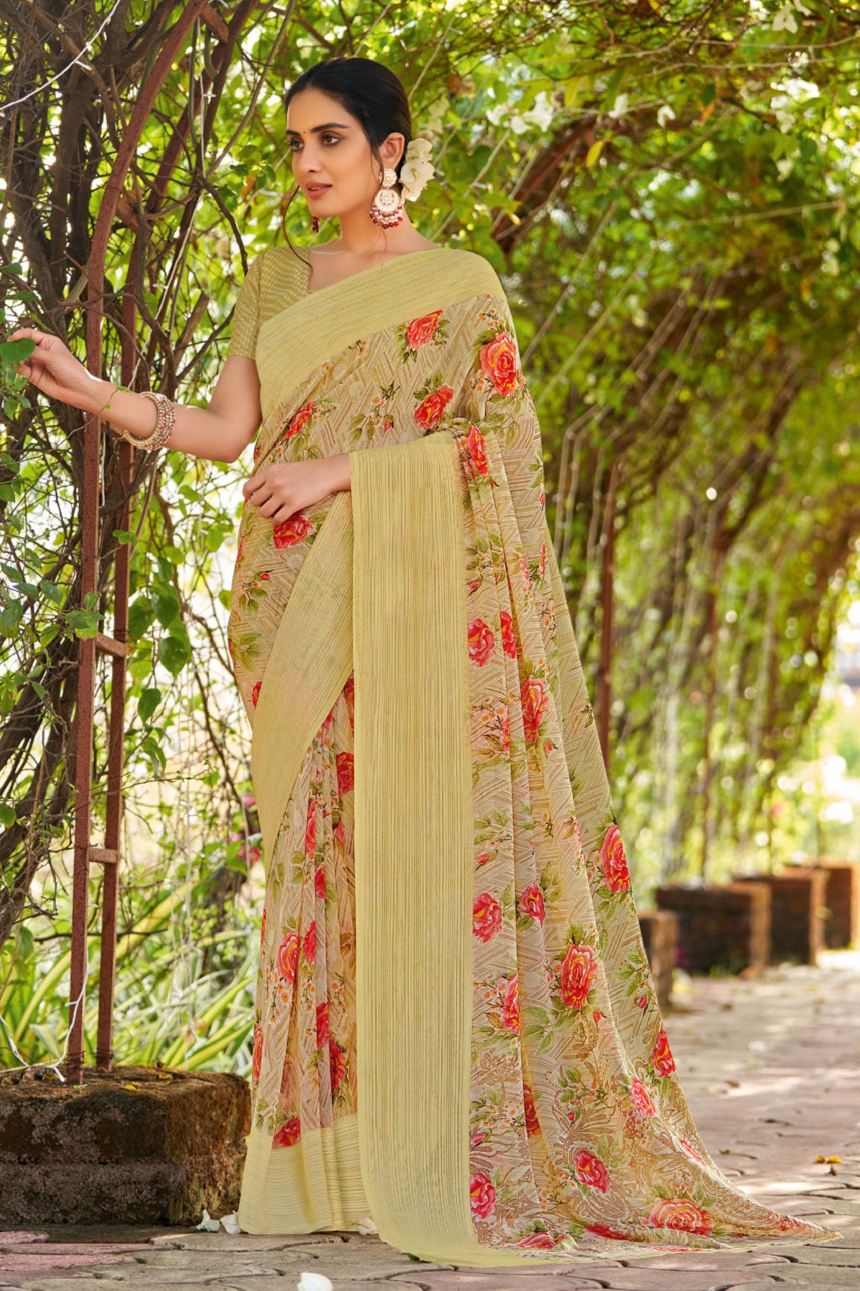 Beige Printed Georgette Saree-ZB130933_1