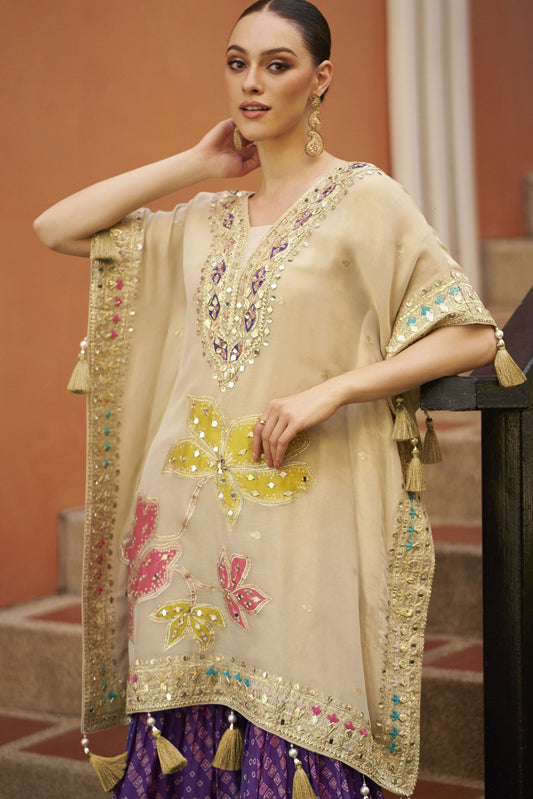 Beige Readymade Embroidered Silk Kaftan Set-SS908_2_SareeButa.com