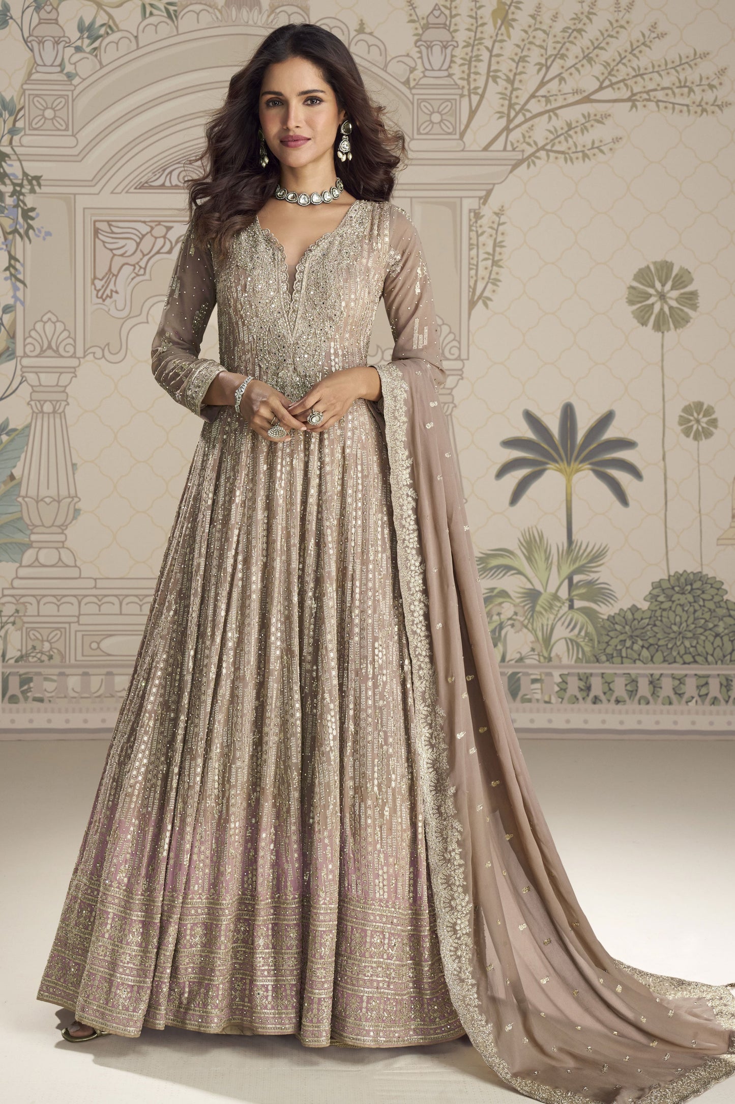 Beige Readymade Georgette Gown with Dupatta-SS913_1_SareeButa.com