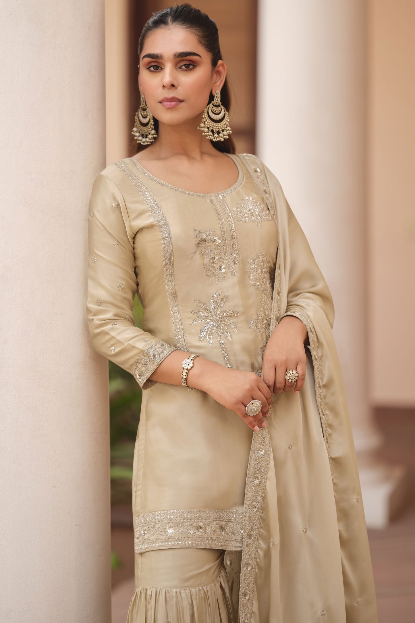 Beige Readymade Satin Silk Sharara Suit-SS842_2_SareeButa.com