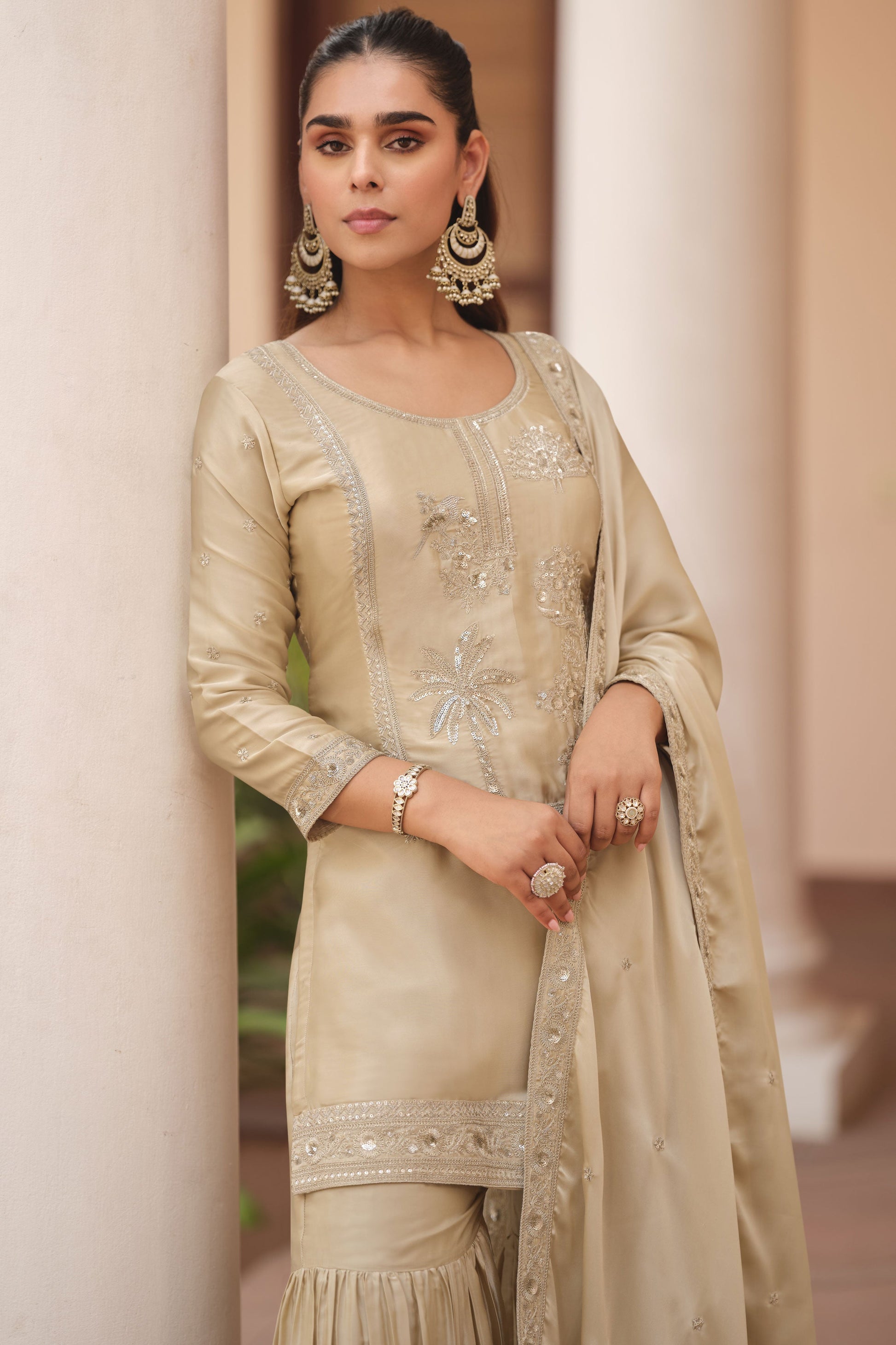 Beige Readymade Satin Silk Sharara Suit-SS842_2_SareeButa.com