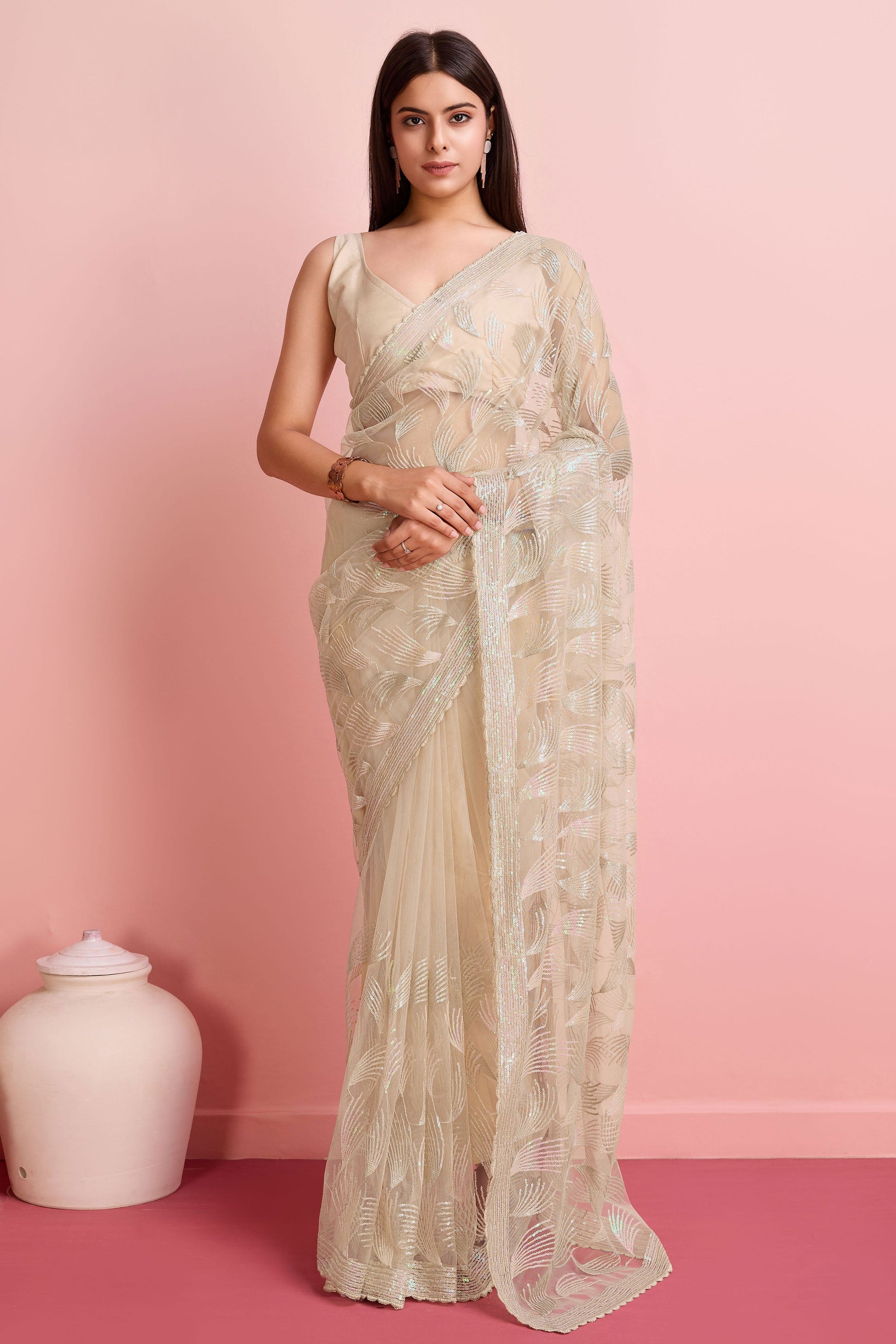 Beige Sequined Net Saree-ZB131829_1