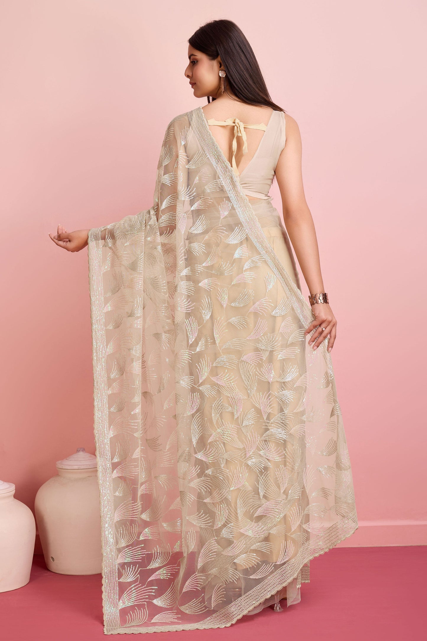 Beige Sequined Net Saree-ZB131829_3