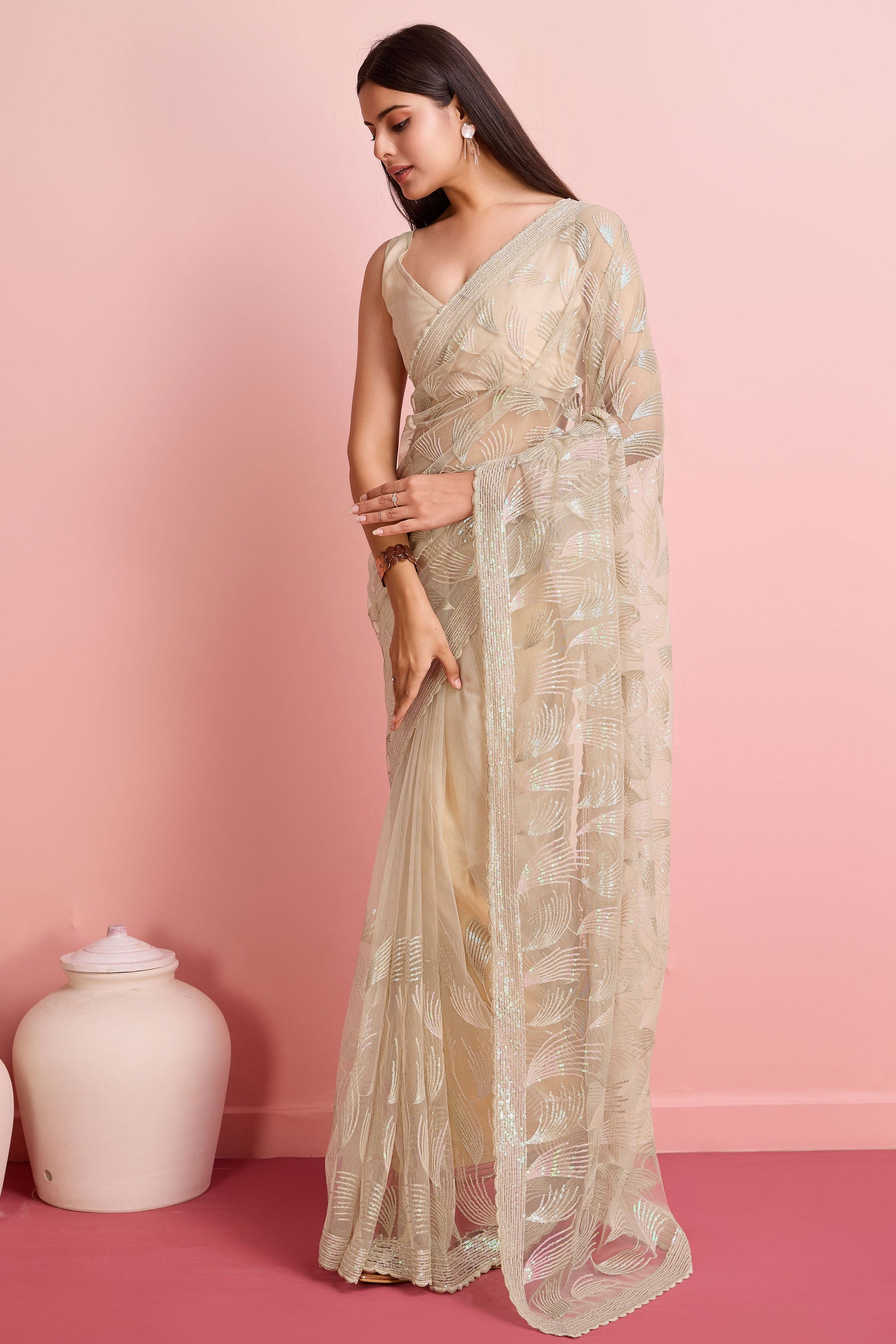 Beige Sequined Net Saree-ZB131829_4