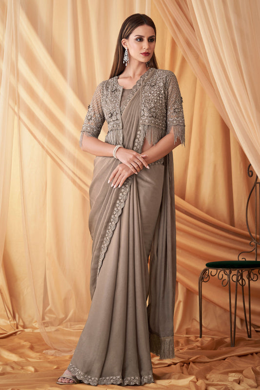 Beige Sequined Satin Georgette Saree-ZB131079_1