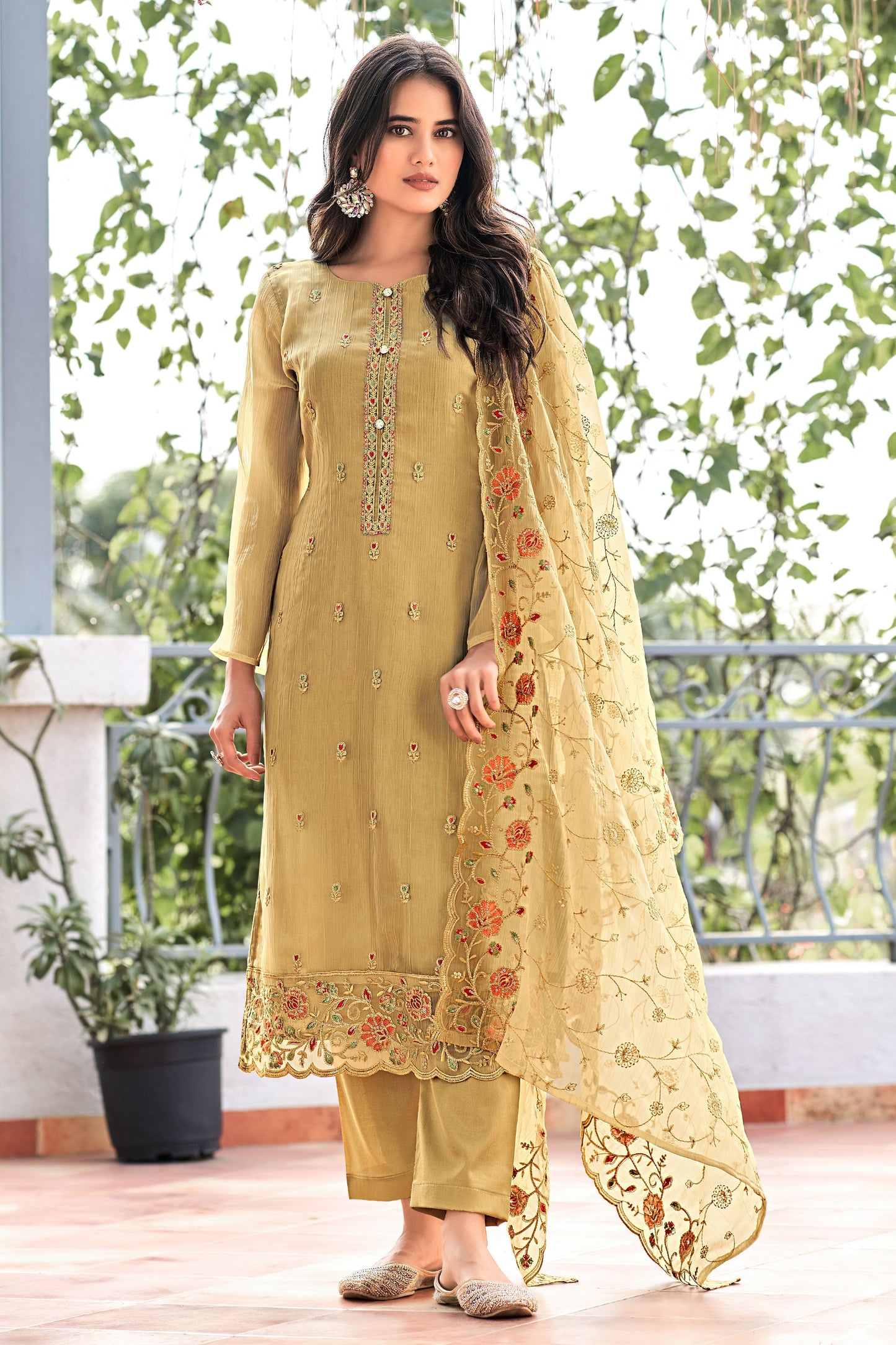 Beige Unstitched Embroidered Chiffon Organza Suit-SS196_1_SareeButa.com