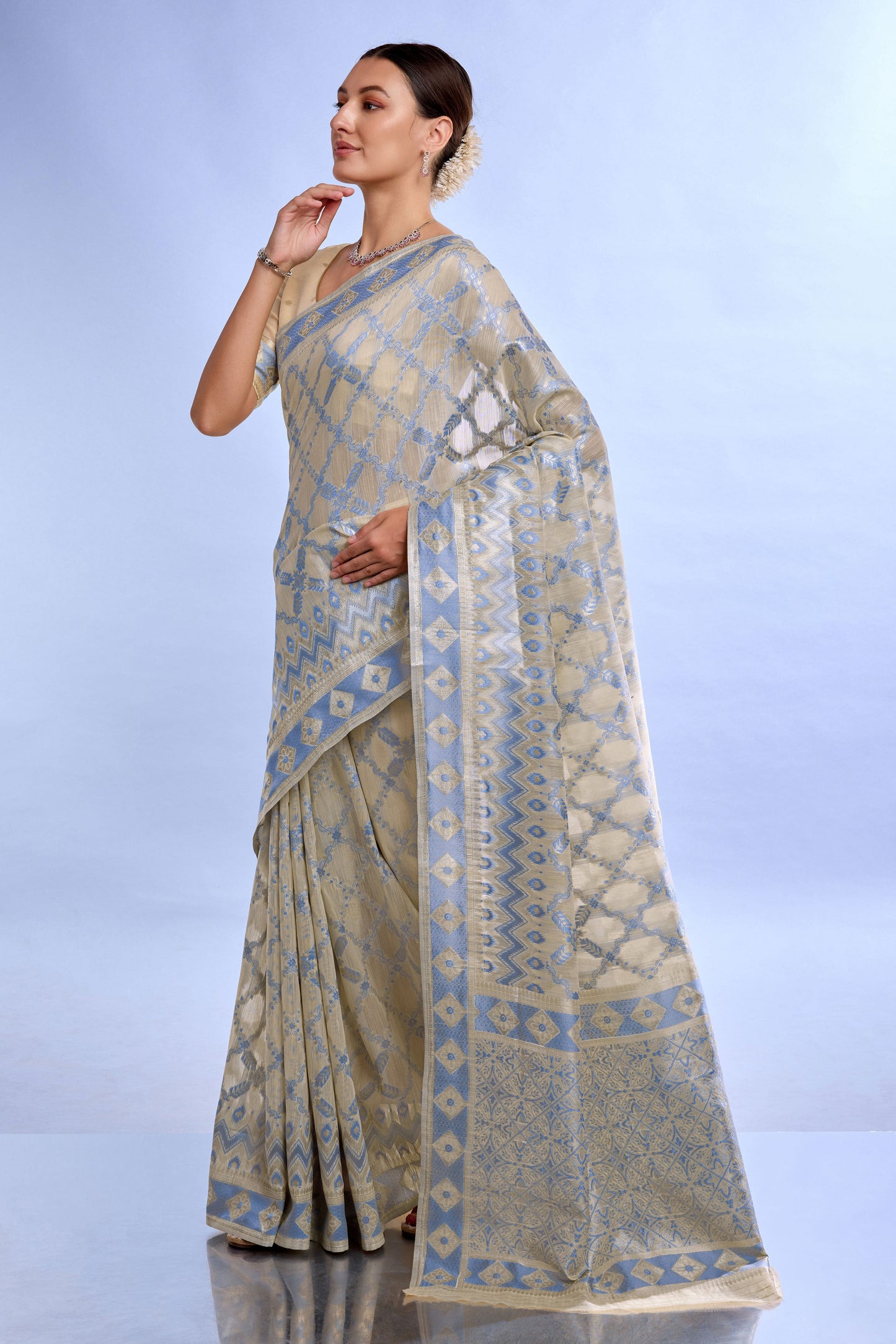 Beige Woven Linen Saree-ZB132200_4