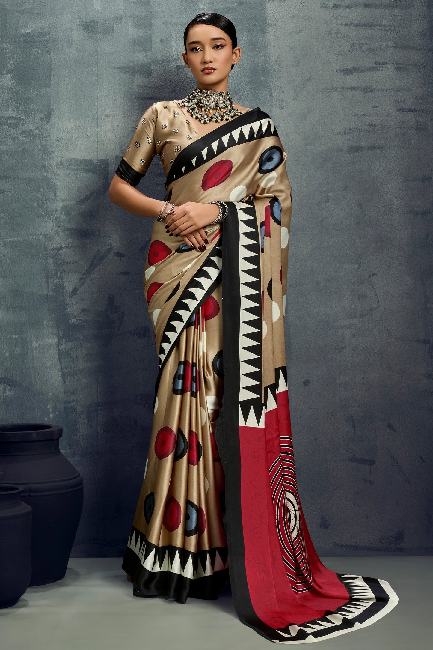 Beige Ajrakh Print Satin Saree-SAR11925_1_SareeButa.com