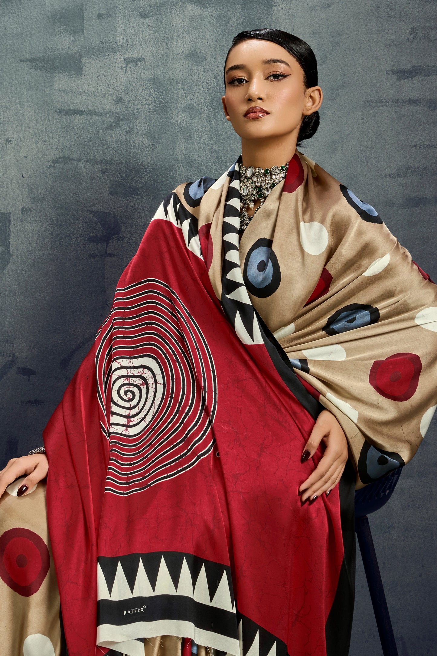 Beige Ajrakh Print Satin Saree-SAR11925_2_SareeButa.com