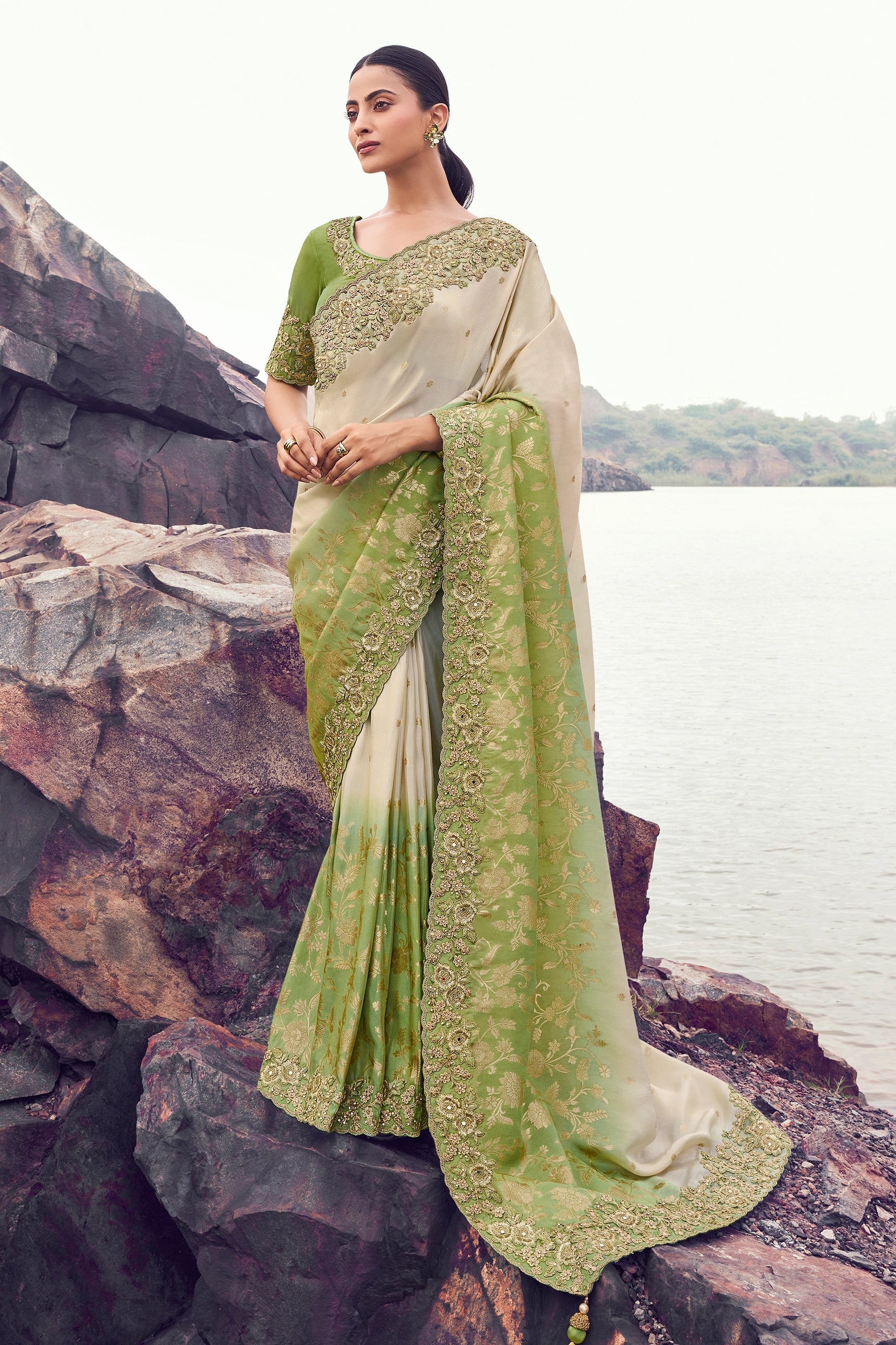 Beige And Green Embroidered Woven Tissue Silk Saree-SAR11015_1_SareeButa.com