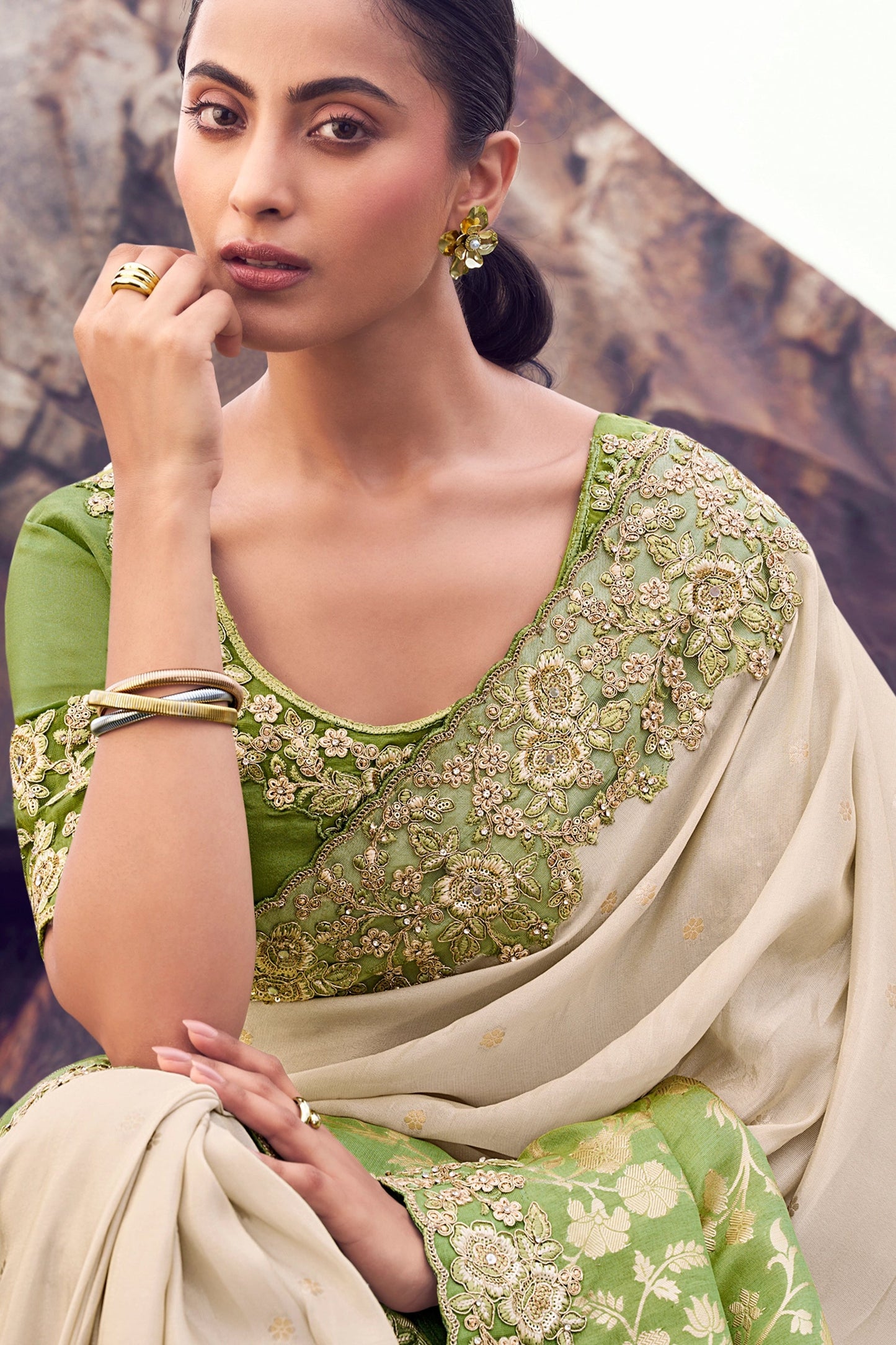 Beige And Green Embroidered Woven Tissue Silk Saree-SAR11015_2_SareeButa.com