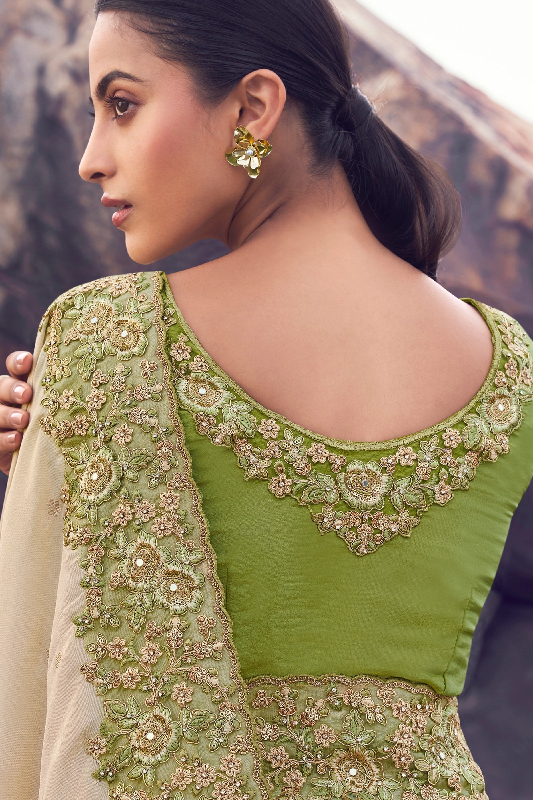 Beige And Green Embroidered Woven Tissue Silk Saree-SAR11015_3_SareeButa.com