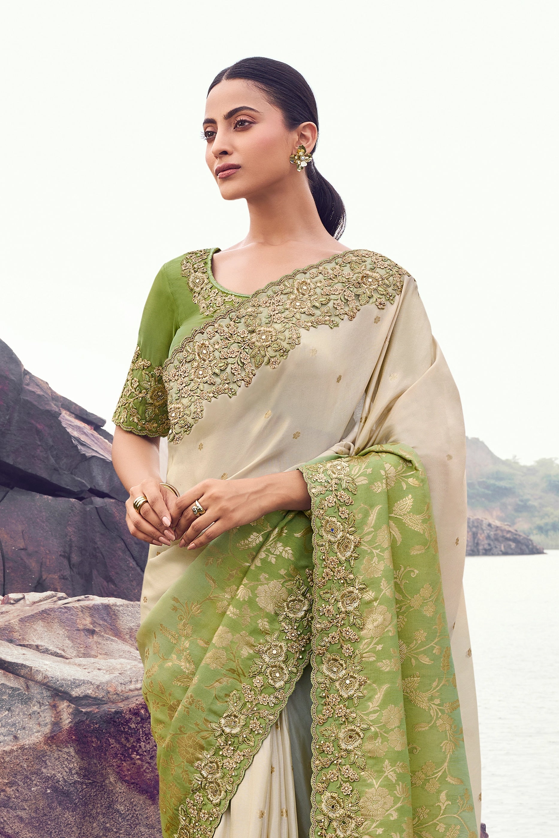 Beige And Green Embroidered Woven Tissue Silk Saree-SAR11015_4_SareeButa.com