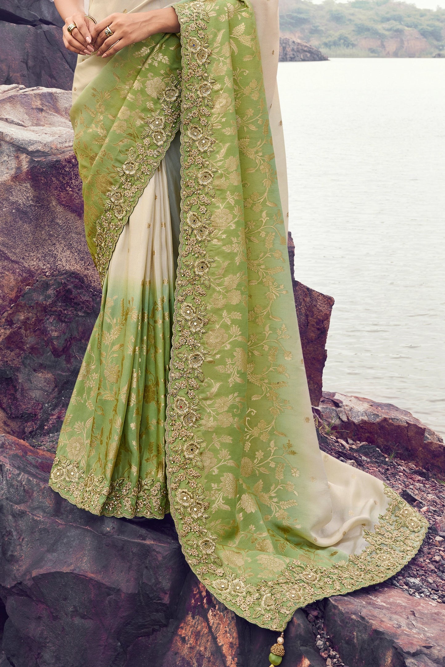 Beige And Green Embroidered Woven Tissue Silk Saree-SAR11015_5_SareeButa.com