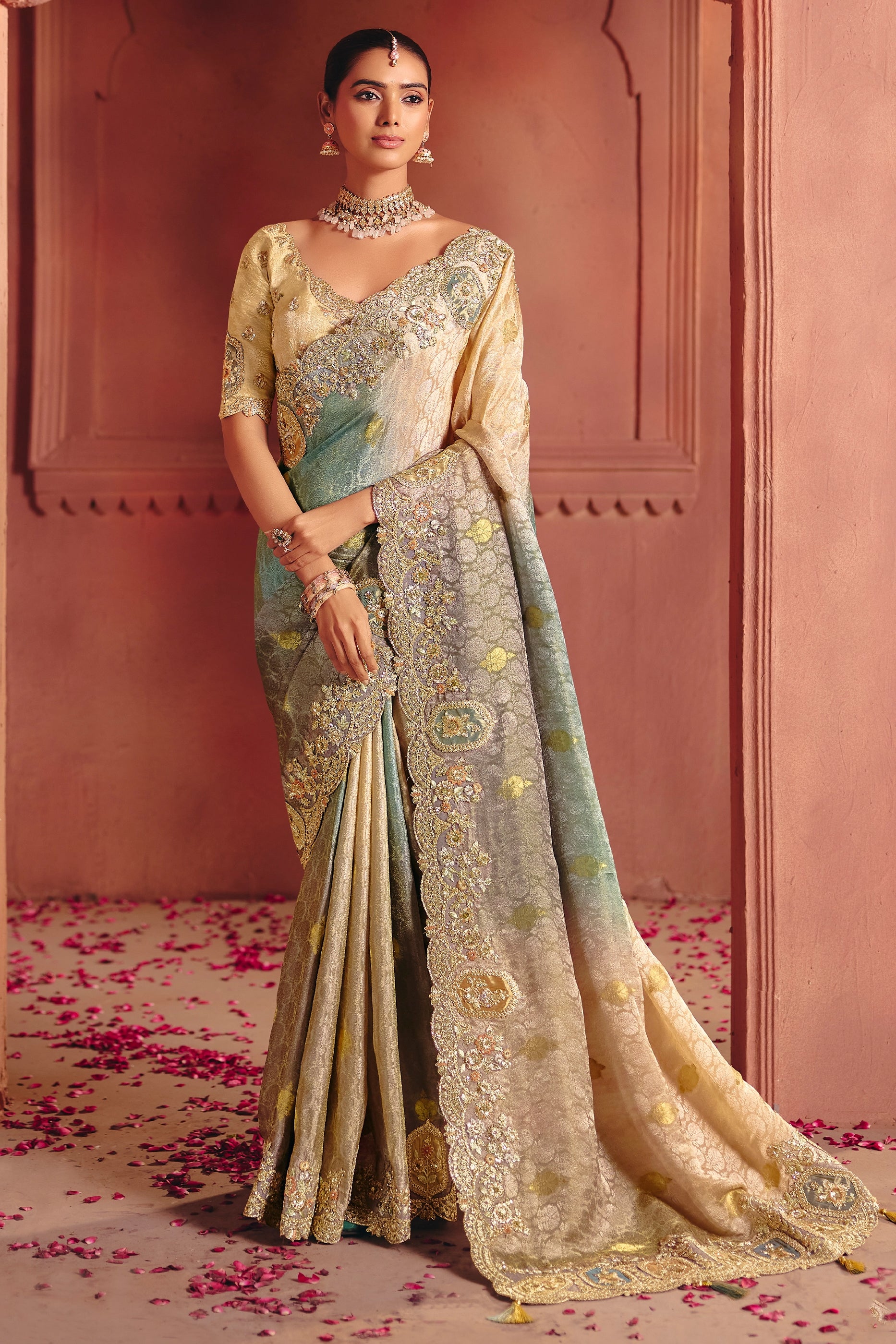 Beige And Grey Embroidered Jacquard Dola Silk Saree-SAR12086_1_SareeButa.com