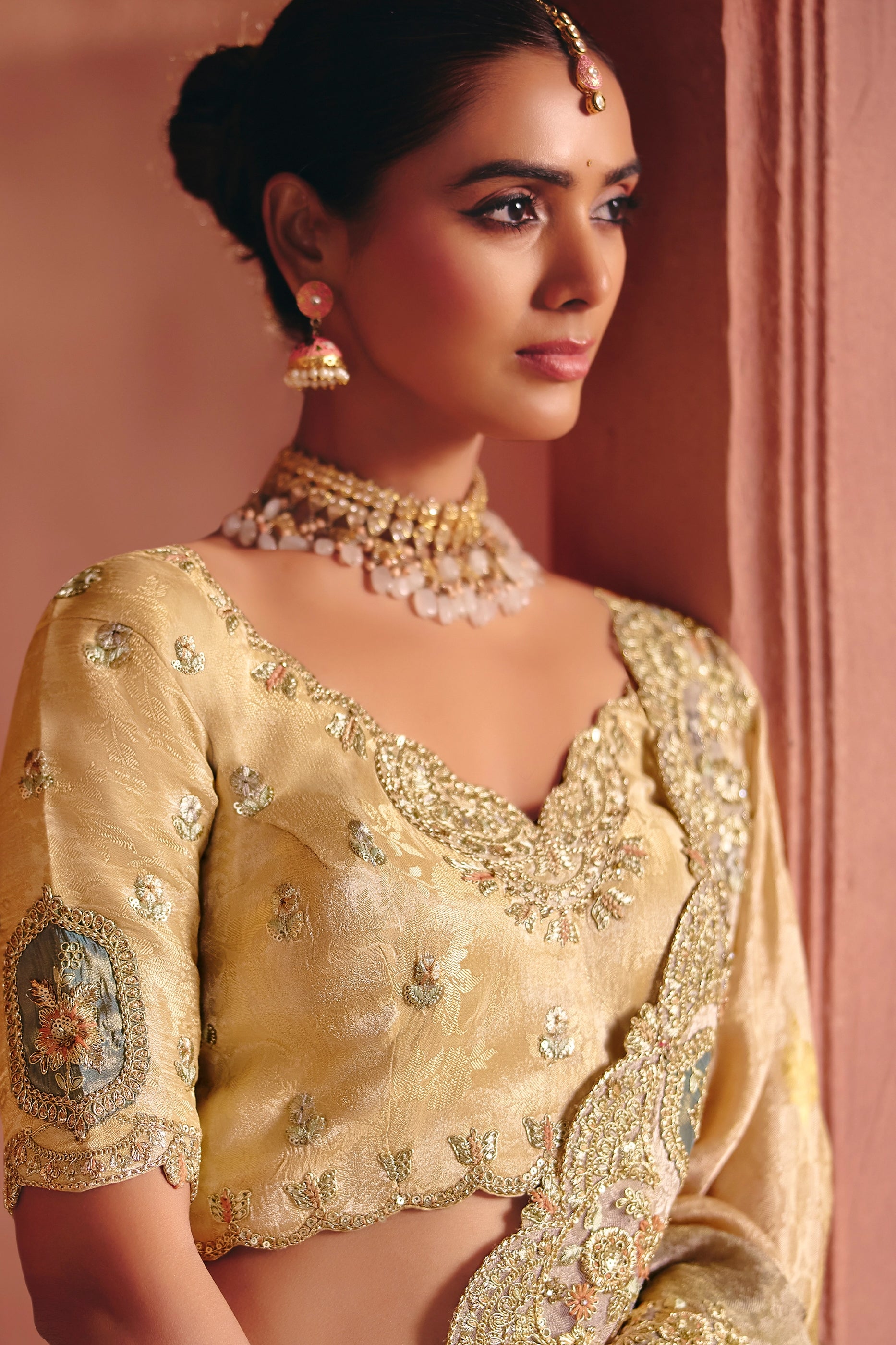 Beige And Grey Embroidered Jacquard Dola Silk Saree-SAR12086_2_SareeButa.com
