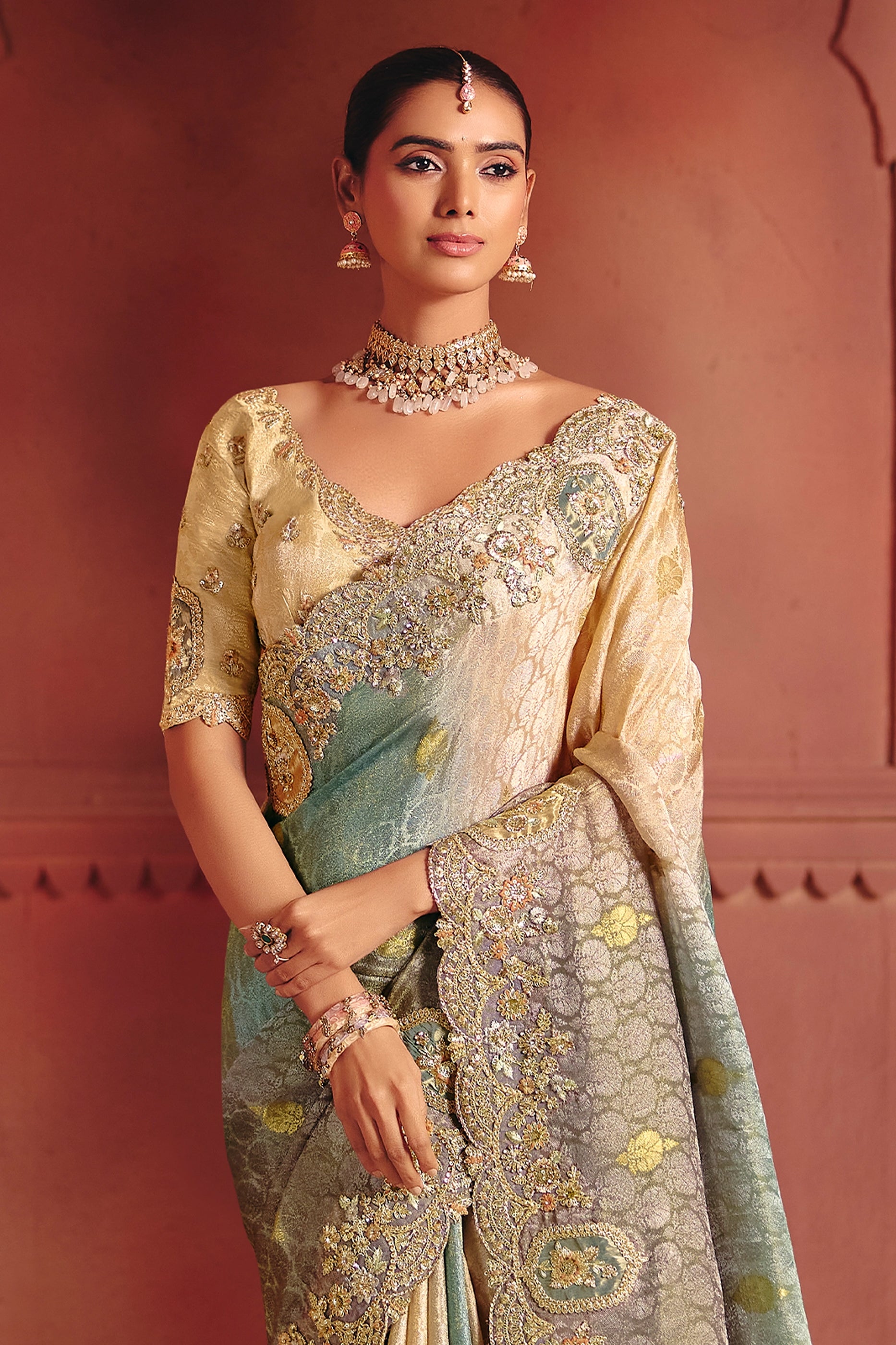 Beige And Grey Embroidered Jacquard Dola Silk Saree-SAR12086_3_SareeButa.com