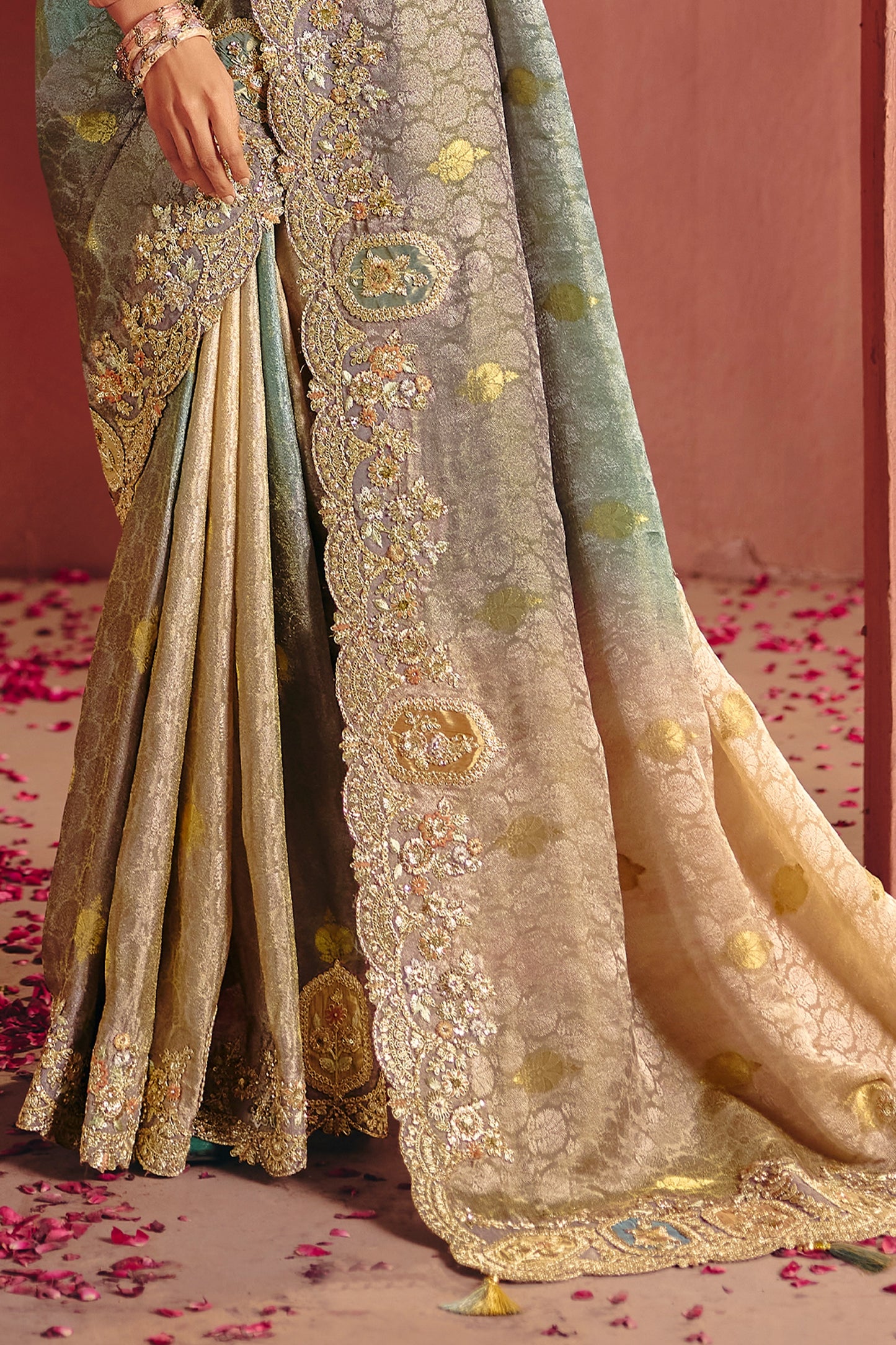 Beige And Grey Embroidered Jacquard Dola Silk Saree-SAR12086_4_SareeButa.com