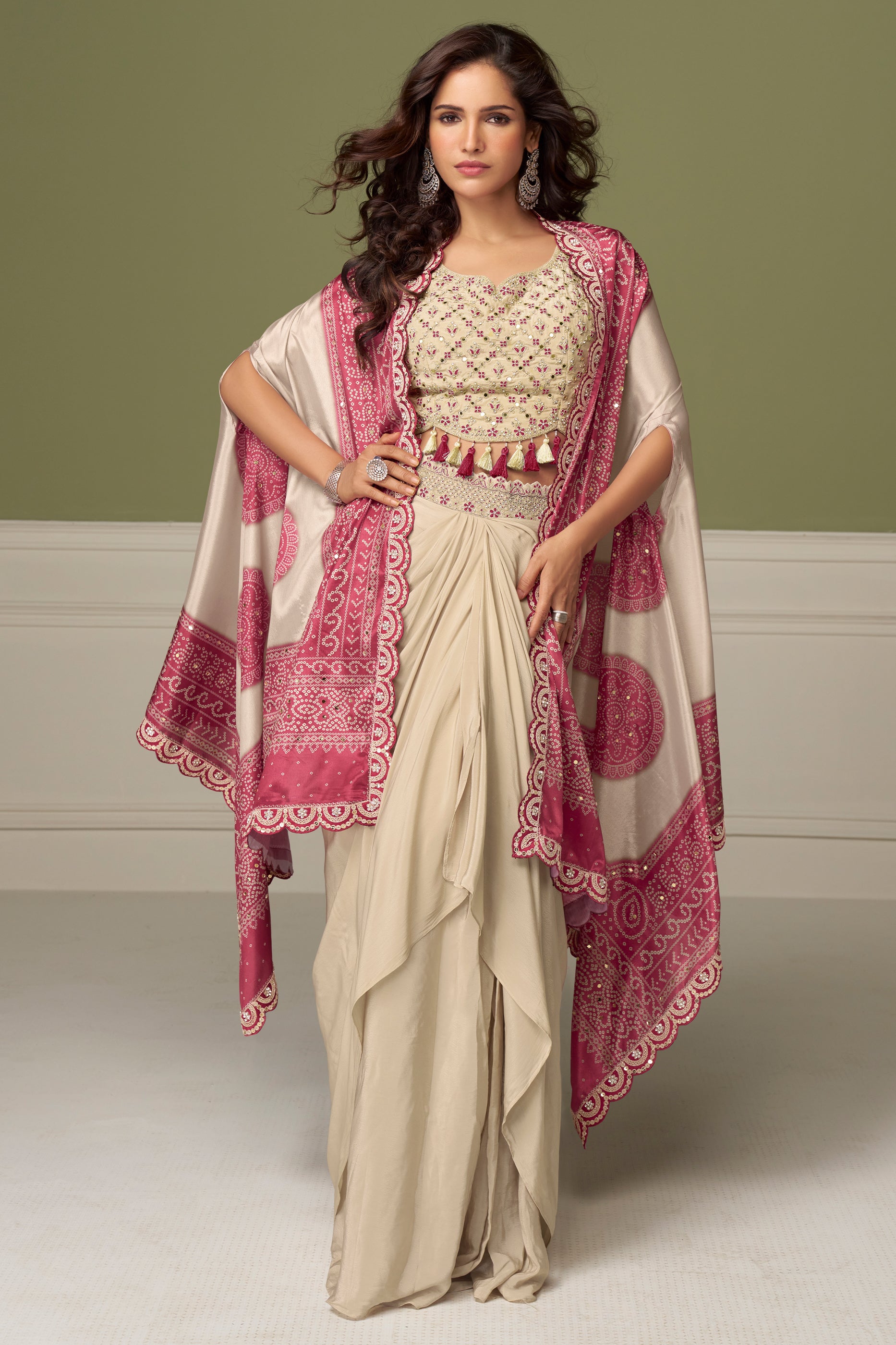 Beige And Pink Readymade Chinon Skirt Set-SAR13132_1_SareeButa.com